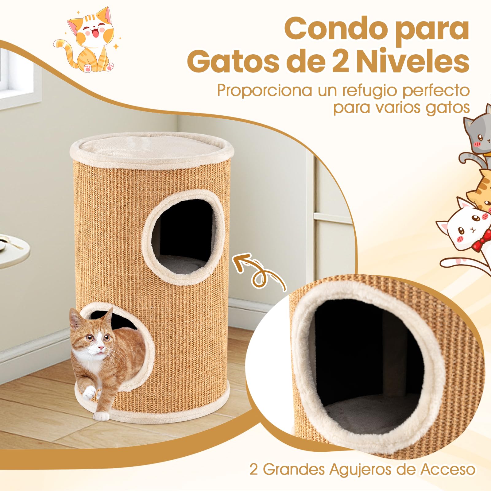 GYMAX Barril Rascador para Gatos Ø36x60/70 cm con 2/3 Niveles, Torre Multinivel para Gatos con Percha de Peluche, Rascador de Sisal, Árbol para Gatitos de Interior, Exterior (Beige)