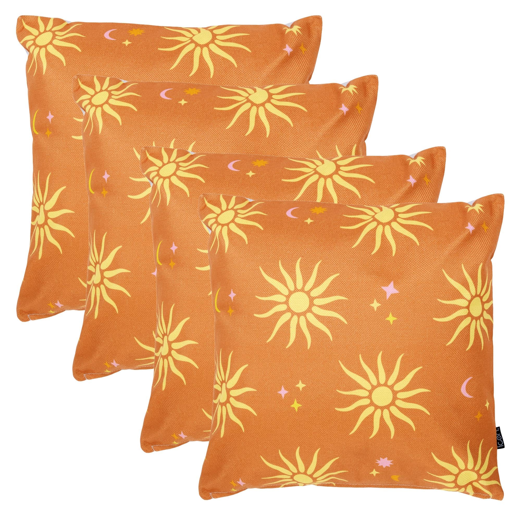 icon Indoor Outdoor Cushions Filled, Summer Collection, Summer Sun, Set of 4, 43cm x 43cm, Water Resistant, Orange Outdoor Cushions for Garden Furniture, Lounge, Garden, Patio
