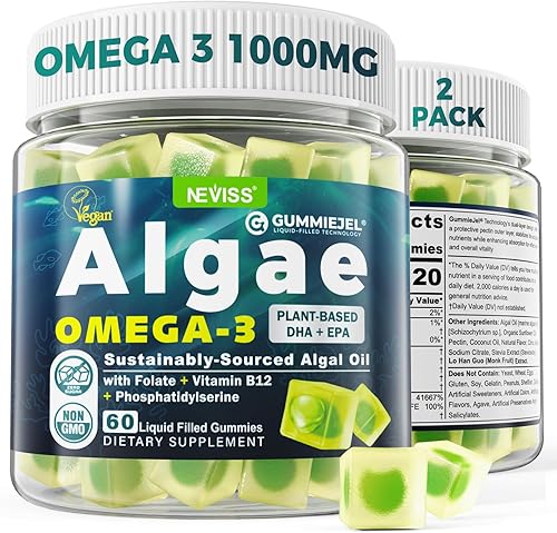 Miniatura 10 de Gomitas Omega 3 de algas sin azúcar, 1000 mg  Suplementos de aceite de pescado alternativos, DHA y EPA a base de plantas más vitamina B12, folato y