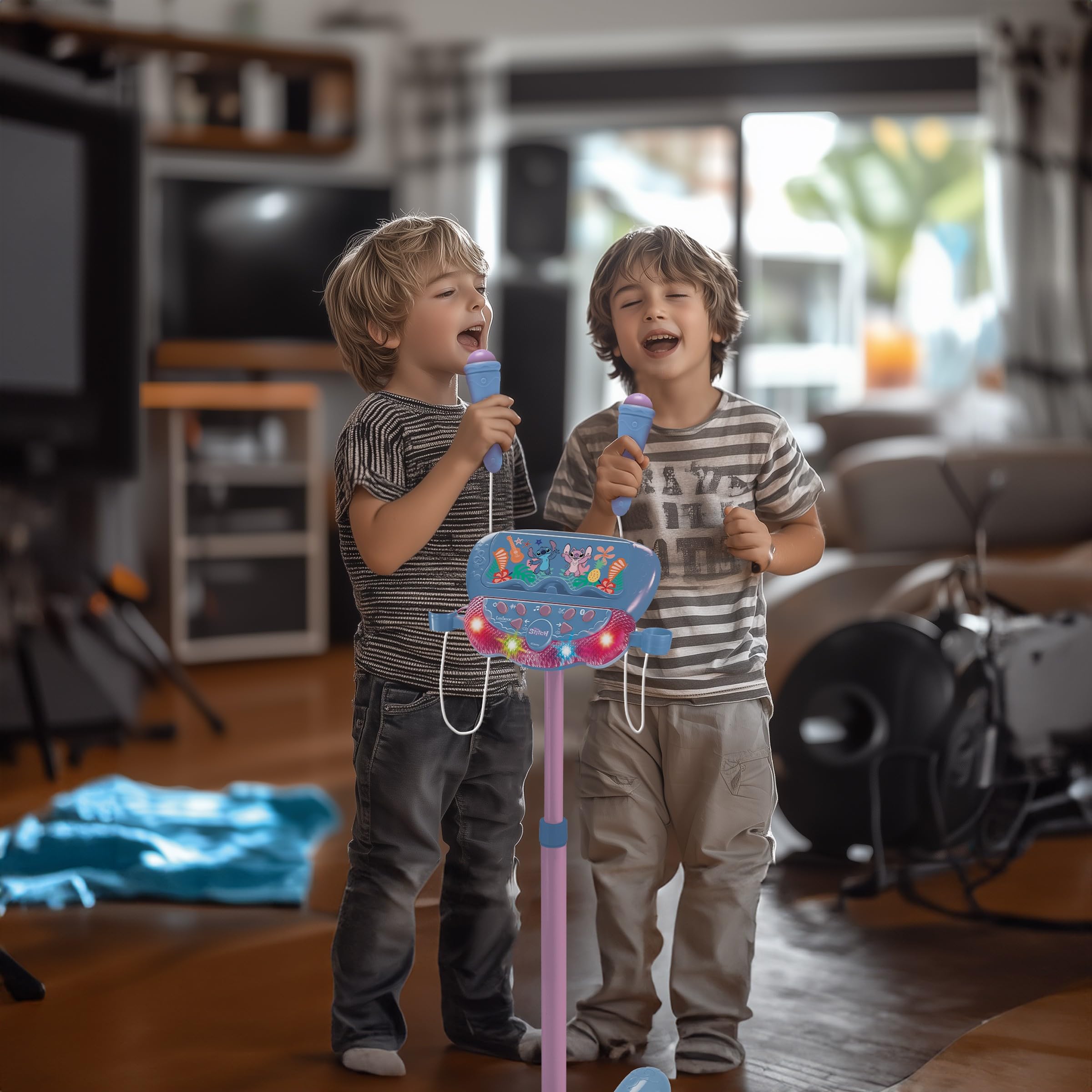 Lexibook Stitch, Altoparlante Luminoso su Supporto per Bambini, Gioco Musicale, Altezza Regolabile, Effetti di Luce, 2 microfoni Inclusi, Ingresso MP3, Bluetooth, Blu, S160D