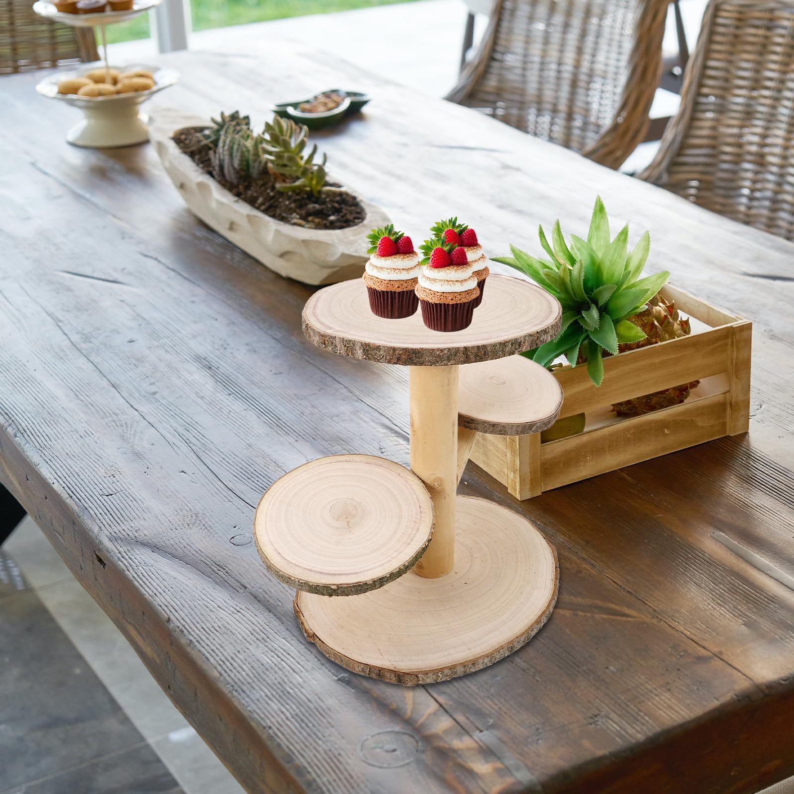 Présentoir à Gâteau Assiette à Dessert en Bois Style Campagne 4 Niveaux Tour Circulaire Robuste pour Mariages et Tables de Desserts
