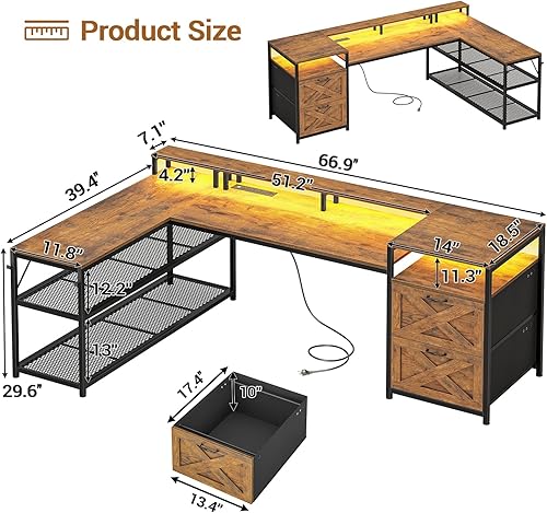 Miniatura 2 de SEDETA Escritorio en forma de L de 67 pulgadas con cajones, escritorio de oficina para computadora con estantes de almacenamiento y toma de Marrón