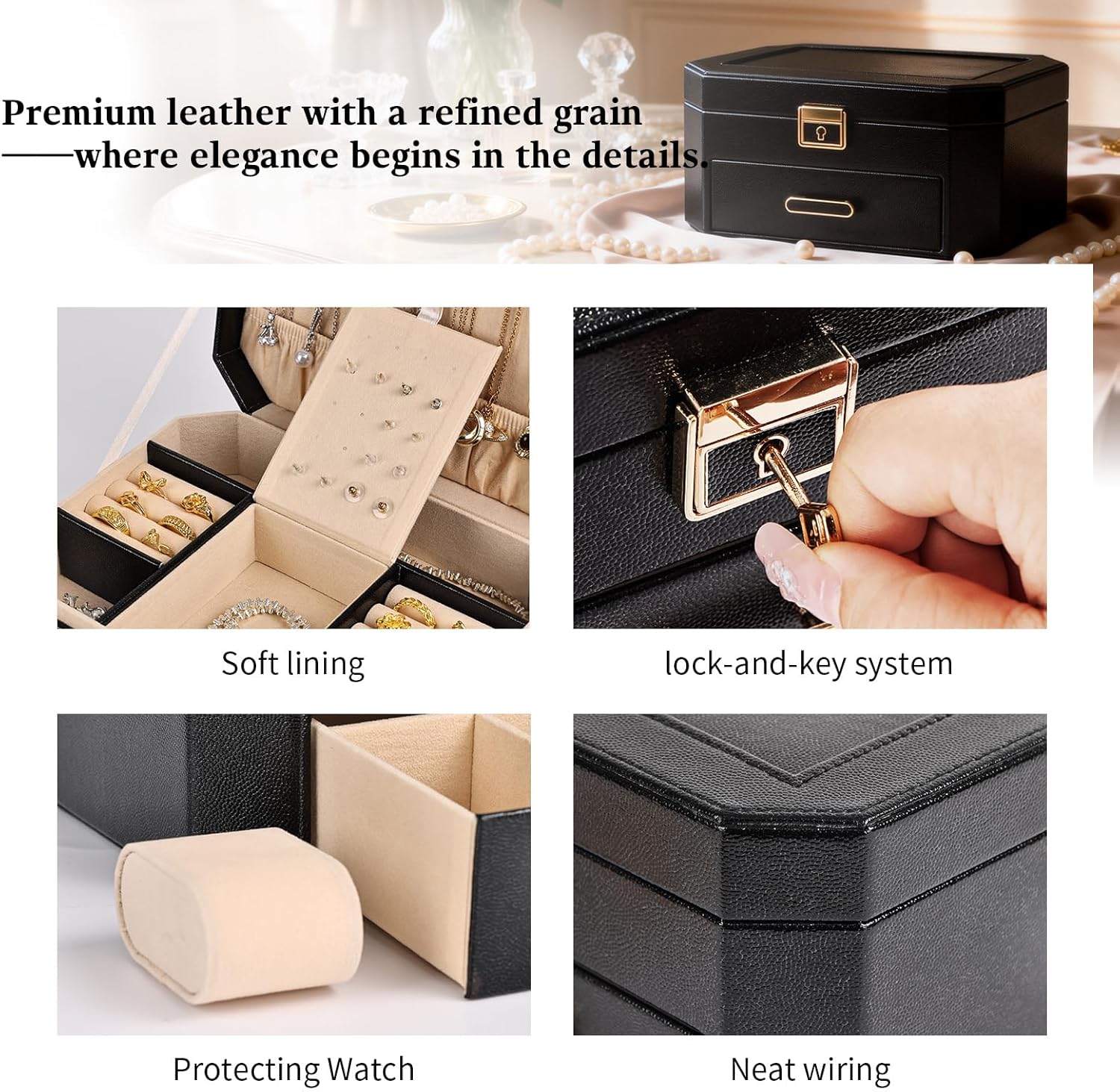 Greenfeather Jewelry Organizer Box for Women, Decorative Storage Box with Lid,Jewelry Box with Lock and Key,2 Tier Jewelry Storage for Necklaces Rings Earrings Bracelets,Glossy Black,Octagonal Design