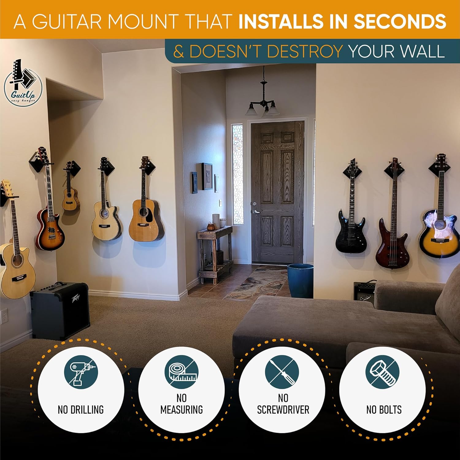 Easy Hanger Guitar Wall Mounted Instrument Hanger, No Tools and No Anchor Bolts Needed, Strong, Sturdy, Drywall-Friendly, Apartment-Friendly, Installs in Seconds (Made in The USA)