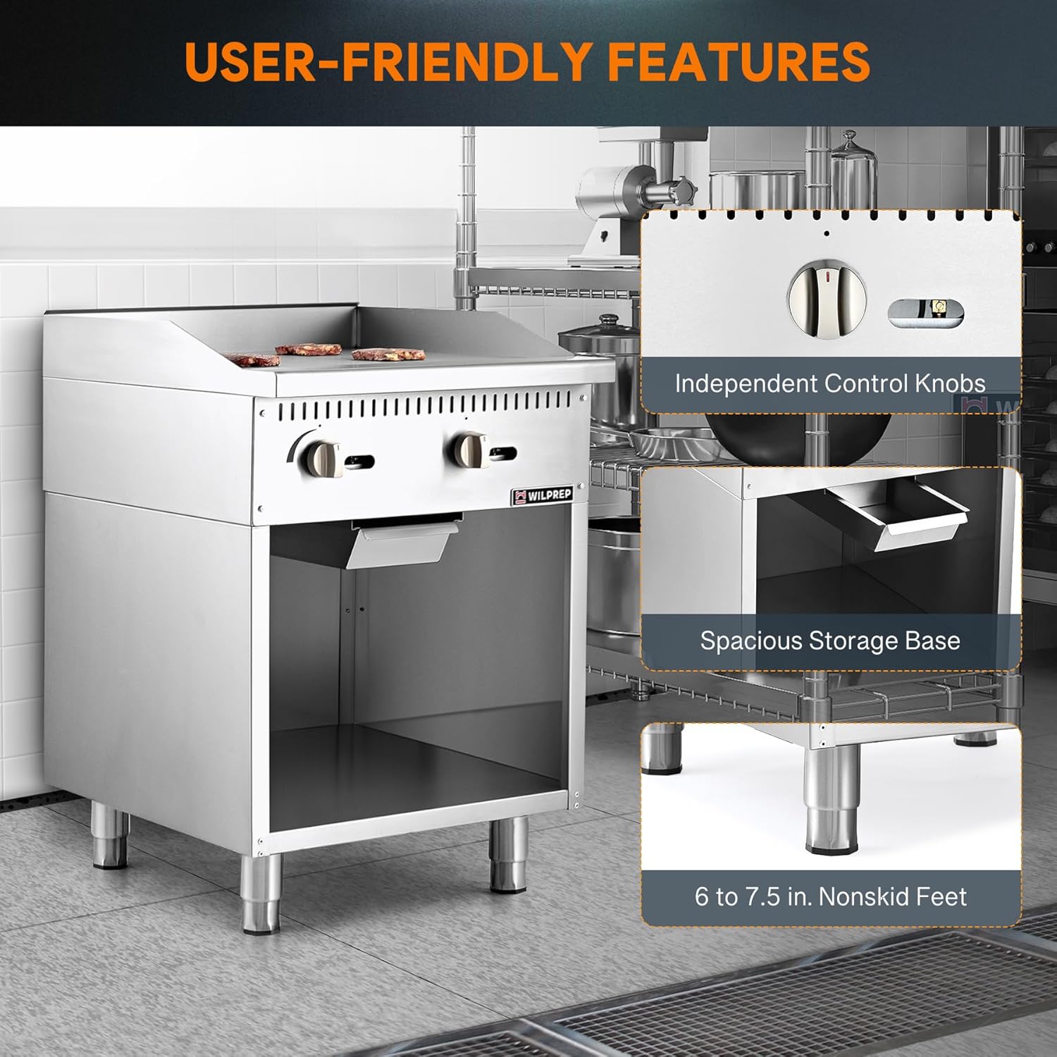 WILPREP Commercial Gas Griddle with Cabinet Base, 24 in Natural Gas Griddle with 2 30000 BTU Burners, Stainless Steel Griddle for Commercial Kitchens, NG LPG Convertible