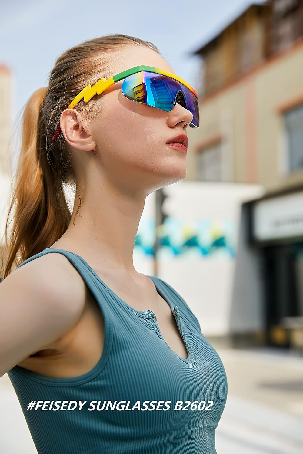 Miniatura 3 de FEISEDY Gafas de sol deportivas de los años 80 con escudo de espejo de gran tamaño gafas de esquí con parte superior plana visera futurista para