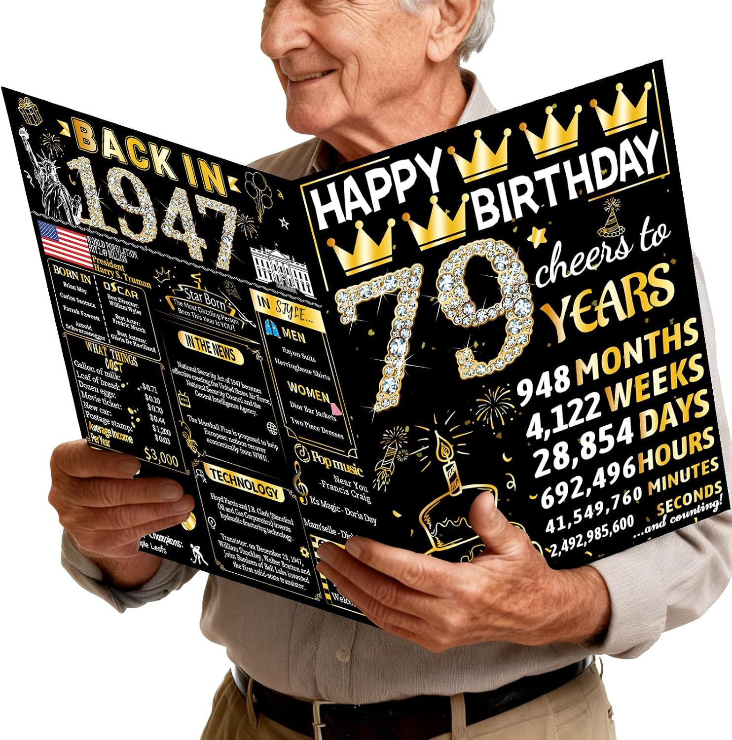 Joycard 79th Jumbo Birthday Card with Envelope, 79th Birthday Decorations for Women Men, 79th Birthday Gifts for Grandpa Grandma, Happy Birthday Cards for 79 Year Old Mother Dad, Back in 1947