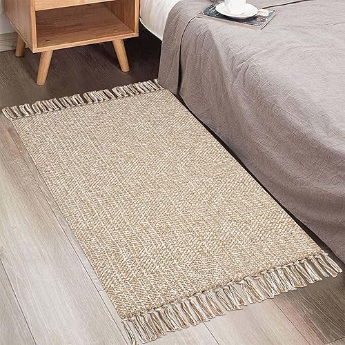 Miniatura 5 de Alfombra de baño bohemia, 2 x 3 pies, color marrón crema, pequeña, lavable, alfombra de granja con borlas, alfombra de algodón tejida para entrada