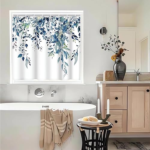 Miniatura 2 de Cortina de ventana de ducha, cortina de ventana de baño pequeña de eucalipto azul acuarela impermeable con ganchos, 40 x 36 pulgadas