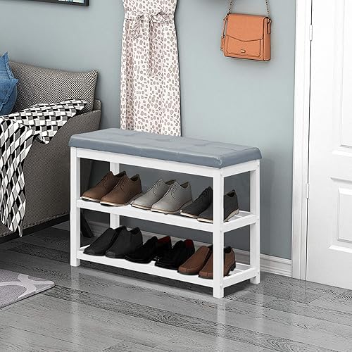 Miniatura 2 de Giantex Banco de zapatos de madera con asiento acolchado, organizador de almacenamiento de zapatos de asiento de poliuretano, estante acolchado