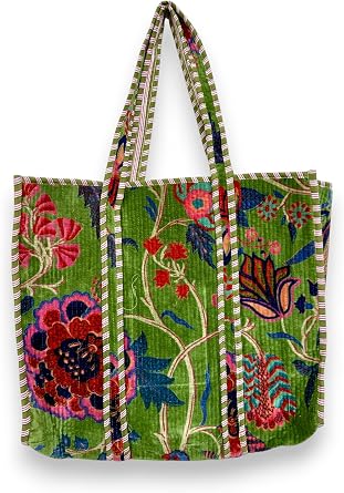 Quilted Velvet Tote Bag with Floral Print, Cotton Fabric, Shoulder Handles, Reusable Shopping Bag, Handmade Design