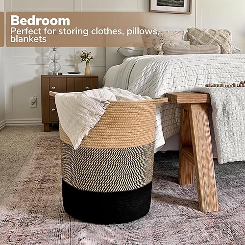 Miniatura 21 de INDRESSME Cesta de lavandería para bebé, cesta de lavandería para niños, cesta de almacenamiento alta para sala de estar, cesta de cuerda para Gris