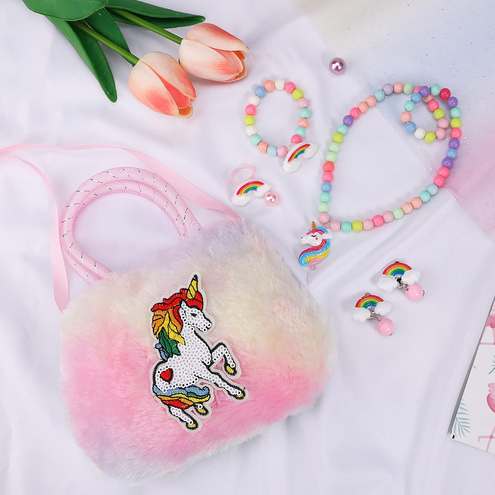 Sac à Main Licorne Peluche Hifot Avec Kit Bijoux - Collier, Bracelet, Bagues Et Boucles D'Oreilles Pour Filles