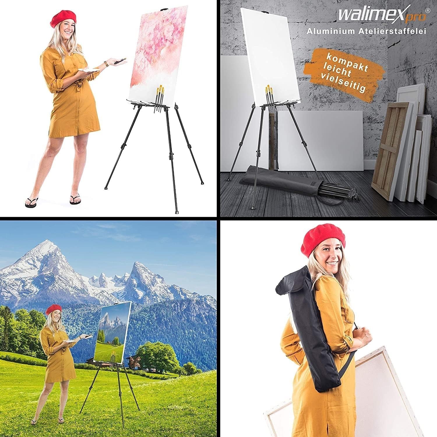 Studio-Staffelei aus Aluminium, 60 cm, eine breite Palette von Staffelei für Leinwände bis zu 122 cm Höhe und 4 cm Tiefe