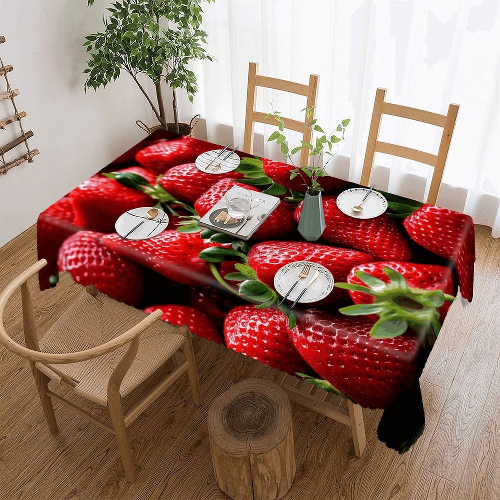 Fekiloot Style Fresh Strawberries Tablecloths Heavy Duty Washable Fabric,Birthday Tablecloth-Wavy Edge Design,Polyester Table Cloth For Restaurant,Picnic,Indoor And Outdoor Dining60 X86
