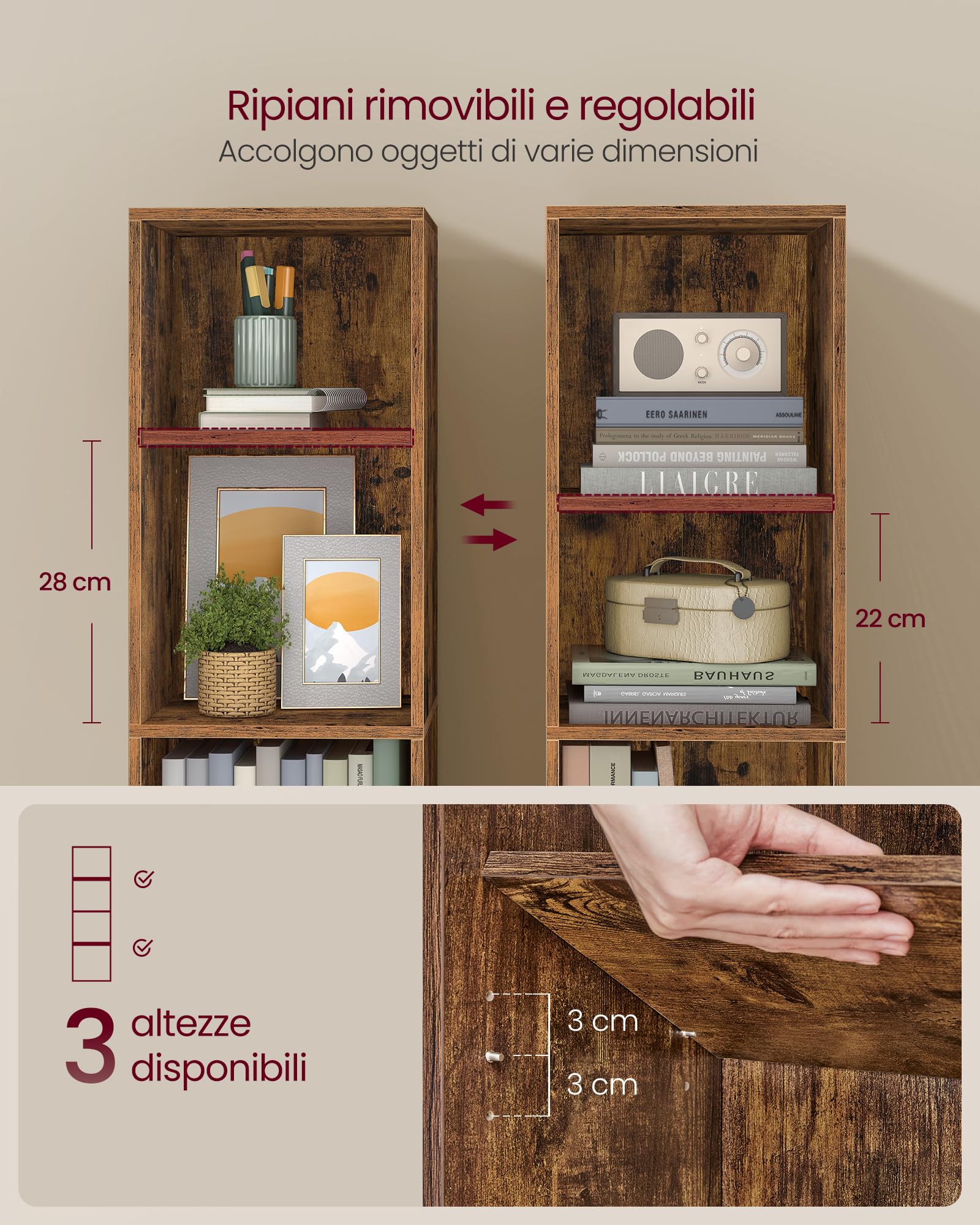 VASAGLE CUSTOS Collezione - Libreria, Scaffale Libreria a 4 Ripiani, Scaffale Portaoggetti con Ripiani Regolabili, Scomparti Aperti, 24 x 30 x 106 cm, per Soggiorno Studio, Marrone Vintage LBC434K01
