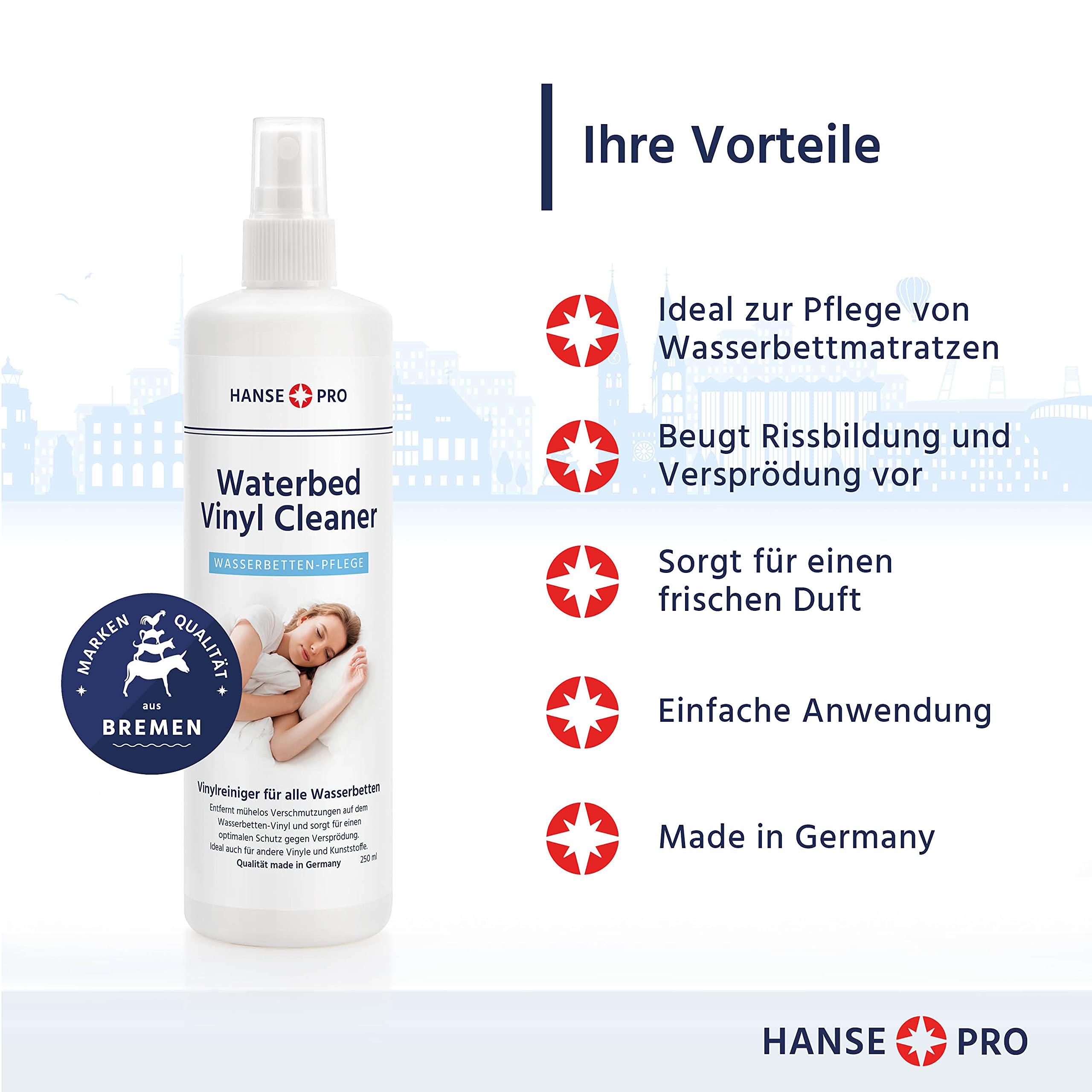 Hanse Pro Wasserbetten-Pflegeset: 4 x 250 ml Waterbed Conditioner + 2 x 250 ml Waterbed Vinyl Cleaner I Wasserbettenpflege mit Konditionierer und Vinylreiniger
