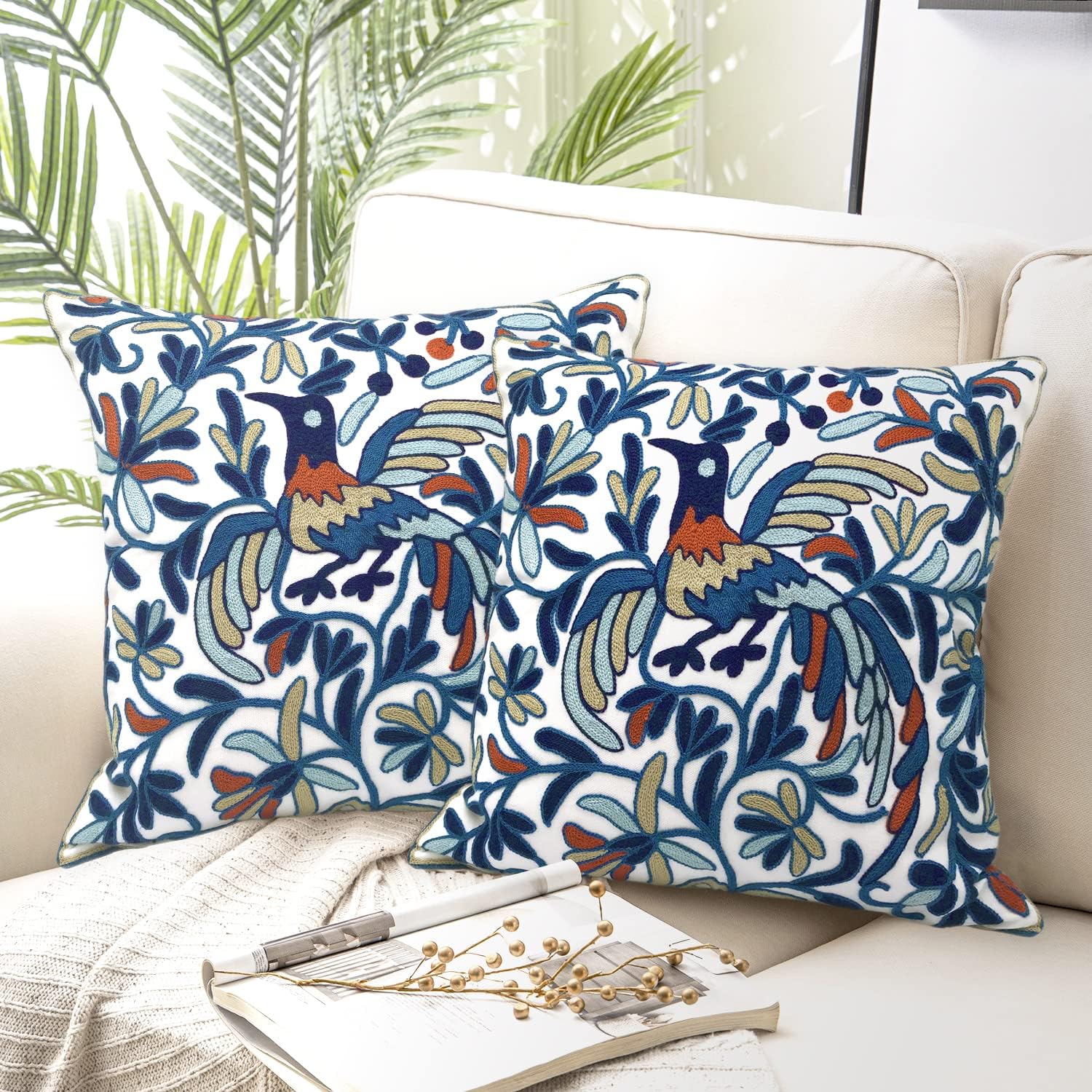 Alysheer Embroidered Summer Decorative Throw Pillow Cover 18"x 18" Set of 2, Boho Navy Blue Bird Embroidery Patterned Cotton Cushion Case for Sofa Couch Living Room Bedroom Outdoor