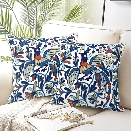 Miniatura 5 de Alysheer Juego de 2 fundas de almohada decorativas bordadas de 18 x 18 pulgadas, diseño de pájaro de la suerte bohemio bordado de algodón con patrón