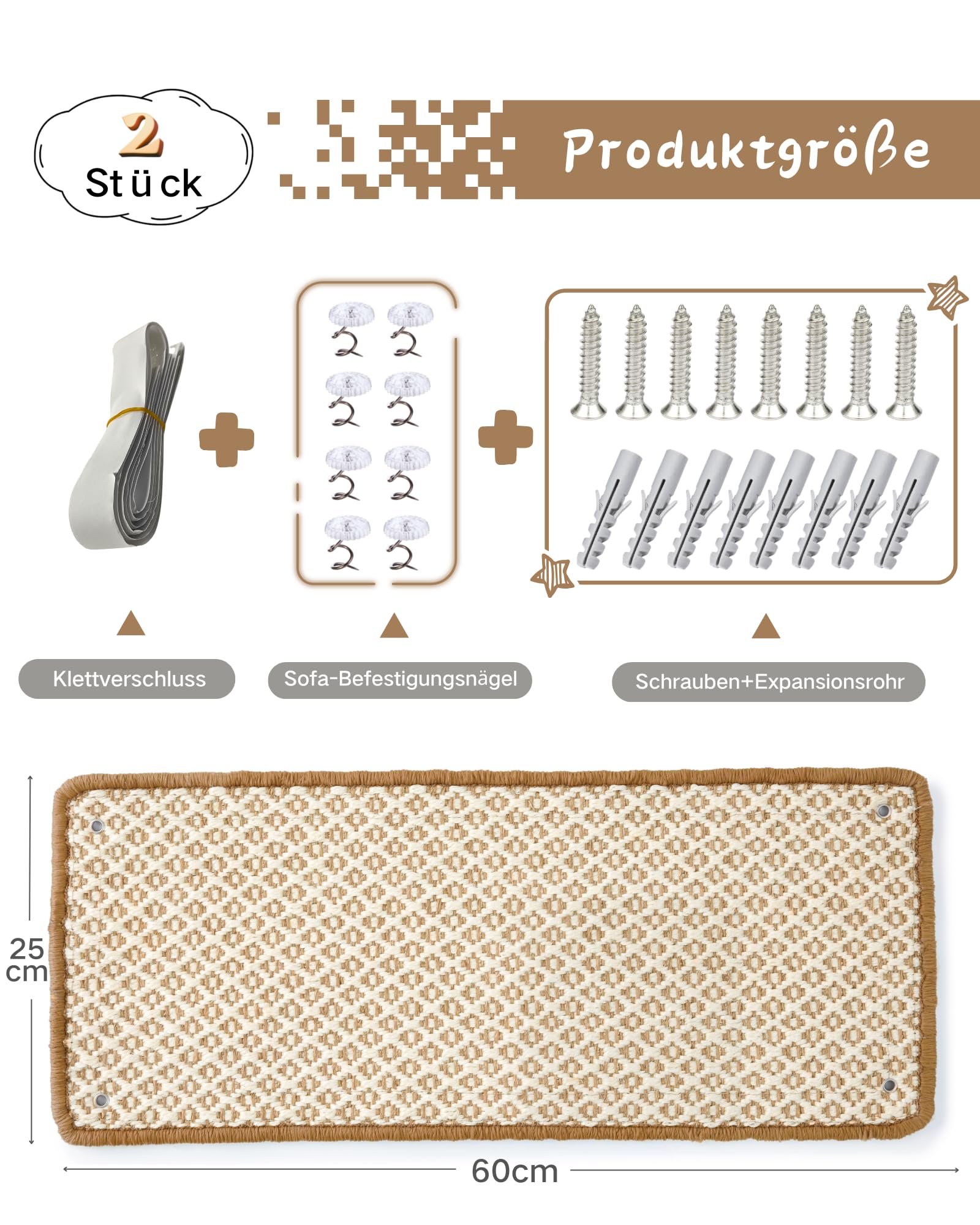 JanYoo 2 sztuki mat do drapania dla kota, ochrona przed zadrapaniami, sizalowa mata do drapania dla kotów, mata do drapania, ściana do ochrony dywanów i sof, 60 x 25 cm (beżowa)