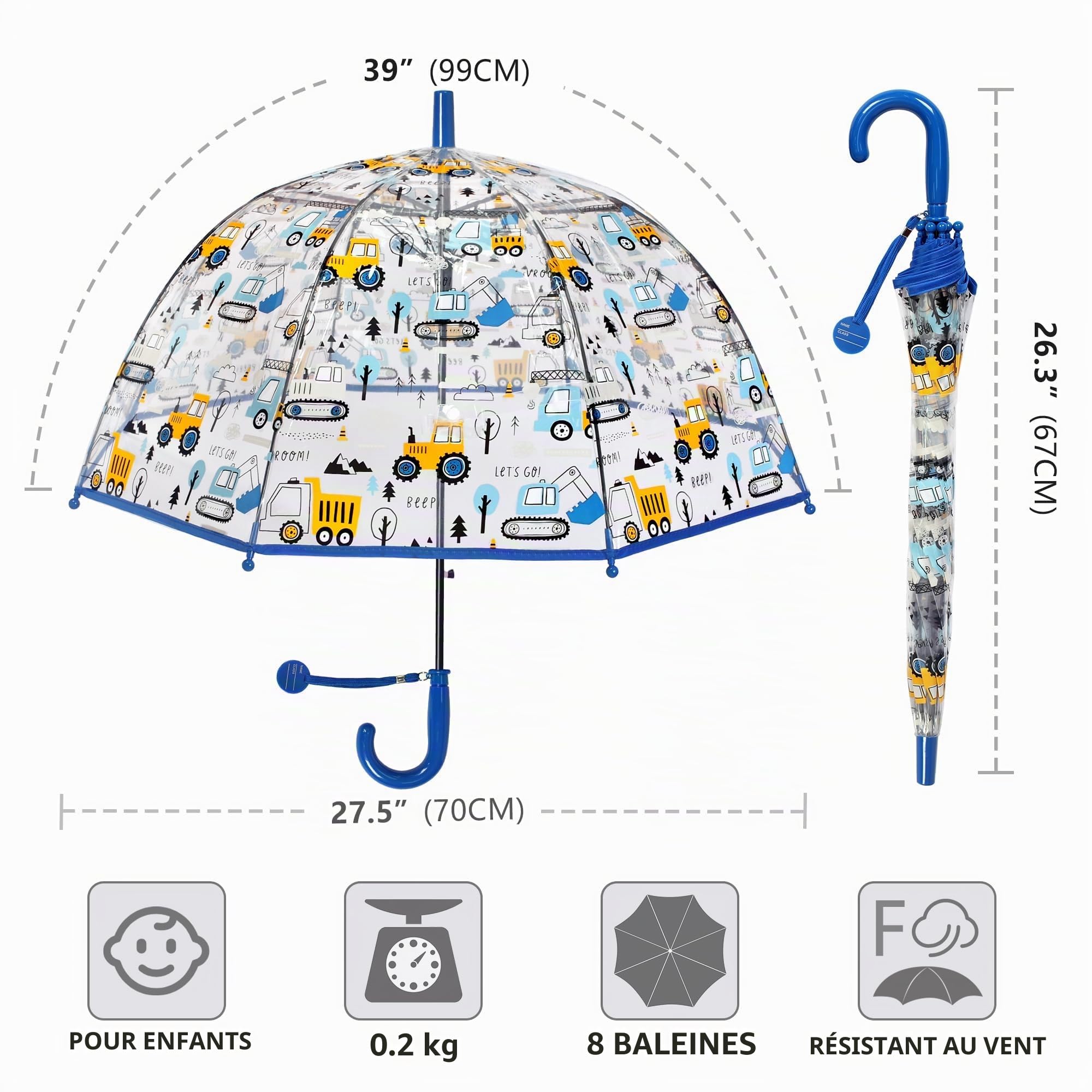 Parapluie Clair à bulles transparent pour enfants - Parfait pour la marche - Poignée courbée - Dôme transparent et mignon - Parapluie de sécurité pour enfants Kids Clear Umbrella