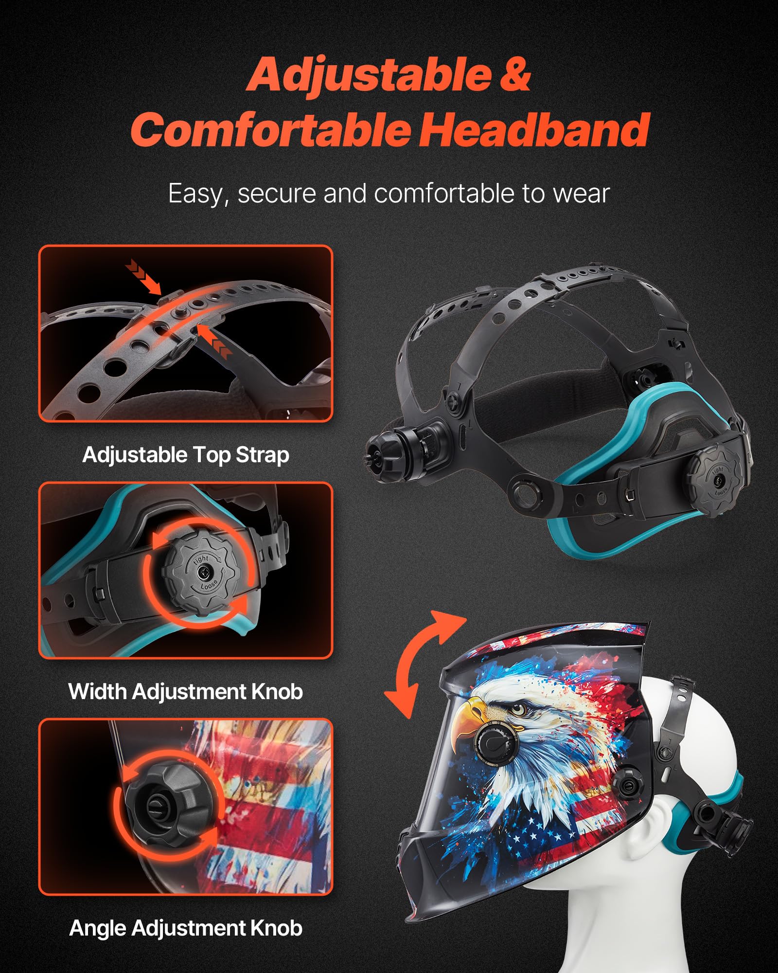 VEVOR Casco de Soldadura con Oscurecimiento Automático Solar, 100 x 80 mm, con 4 Sensores Arco, Tono DIN 4/5-9/9-13, para Soldadura TIG MIG ARC, Esmerilado, Corte, para Proteger la Cara y Ojos