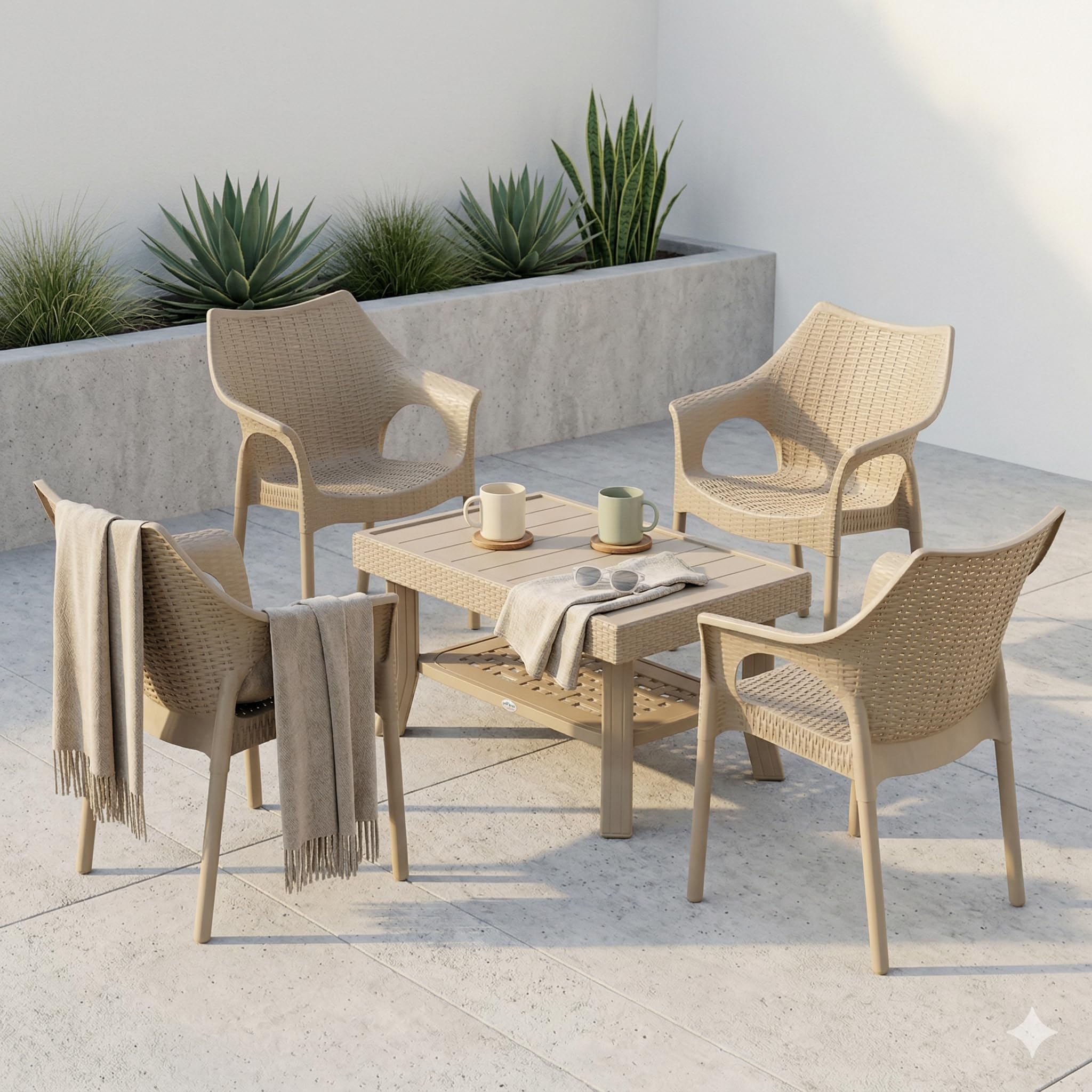 Oaknest Supreme Cambridge with Vegas Plastic Outdoor Chair and Table Set | 4 Rattan Chairs + 1 Table | Weatherproof, Lightweight | Garden & Patio Use Dark Beige-image-40