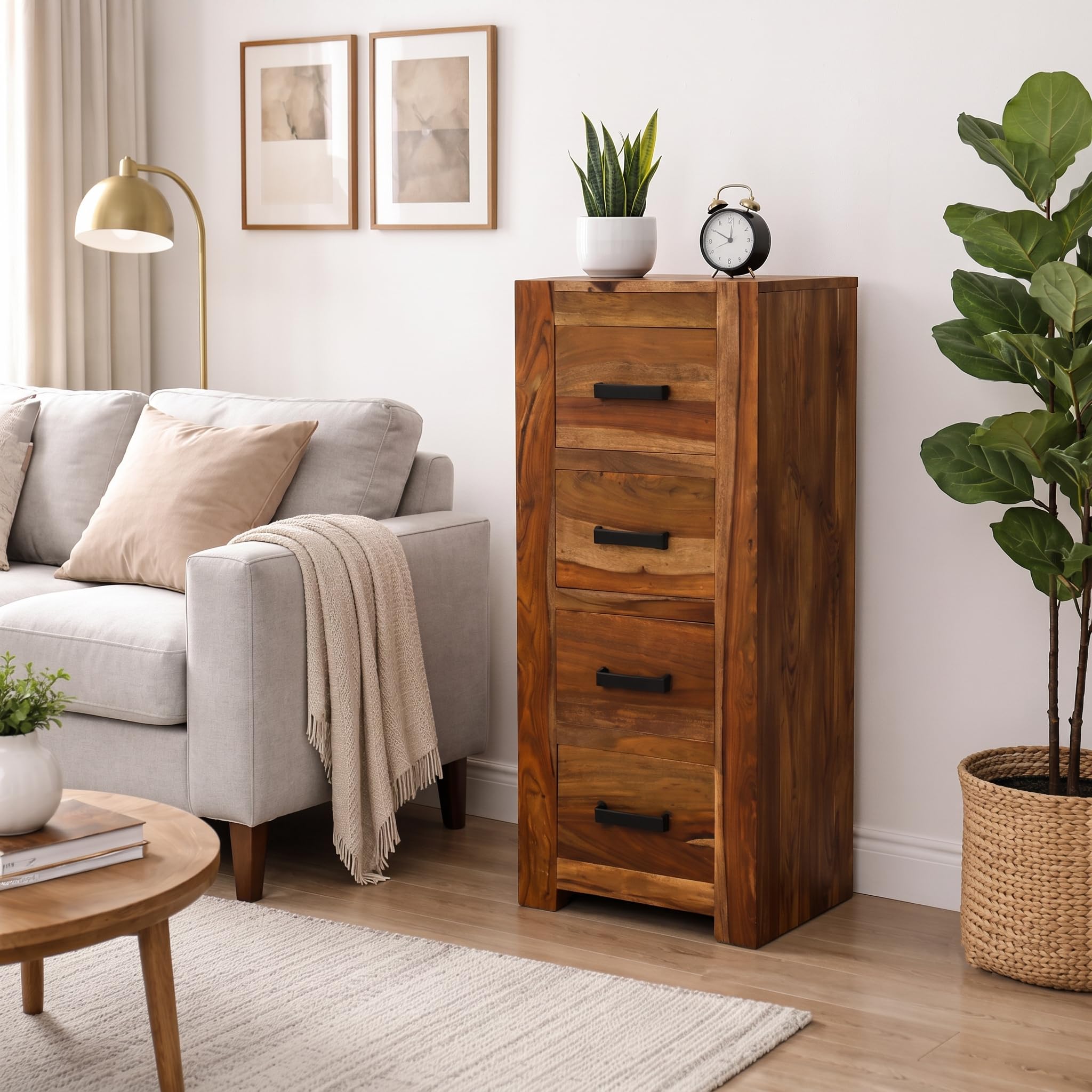 Sheesham Wood 4-Drawer Storage Chest | Tall Narrow Chest of Drawers with Handles for Bedroom | Living Room | Office & Hall | Wooden Side Storage | Storage Organizer Honey Finish-image-19
