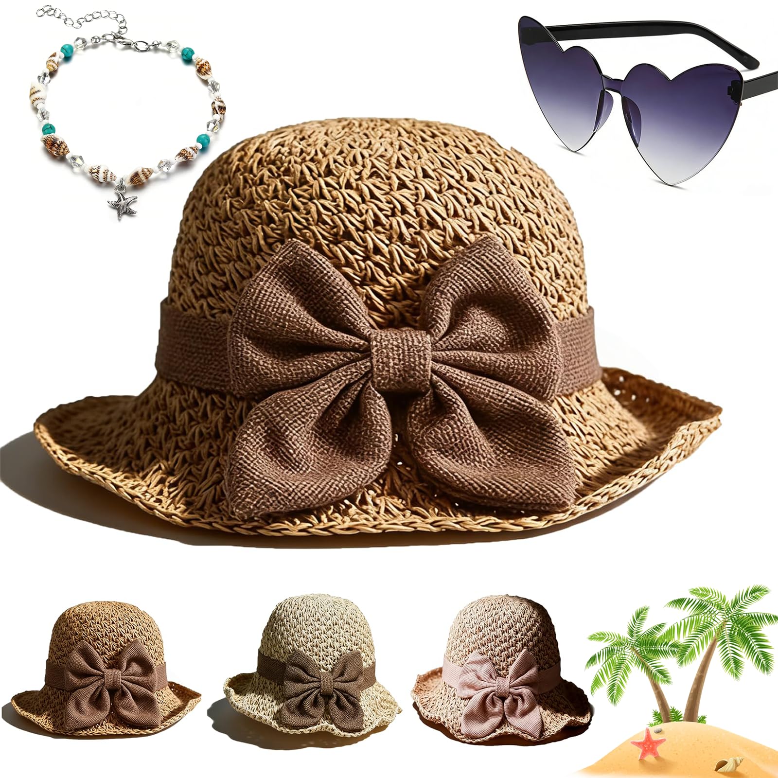 Gienslru Versatile Retro Woven Handmade Straw Hat with Ruffled Bow, Flower Shape Cloche Hat, Uv Protection Ruffle Wide Brim Straw Bucket Hats, Foldable Breathable Travel Beach (Khaki)