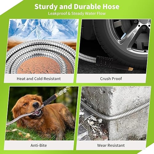 Miniatura 5 de Gardentime Manguera de jardín de metal de 50 pies, de acero inoxidable, resistente, ligera, flexible, con ajuste de 34 pulgadas, boquilla de 10