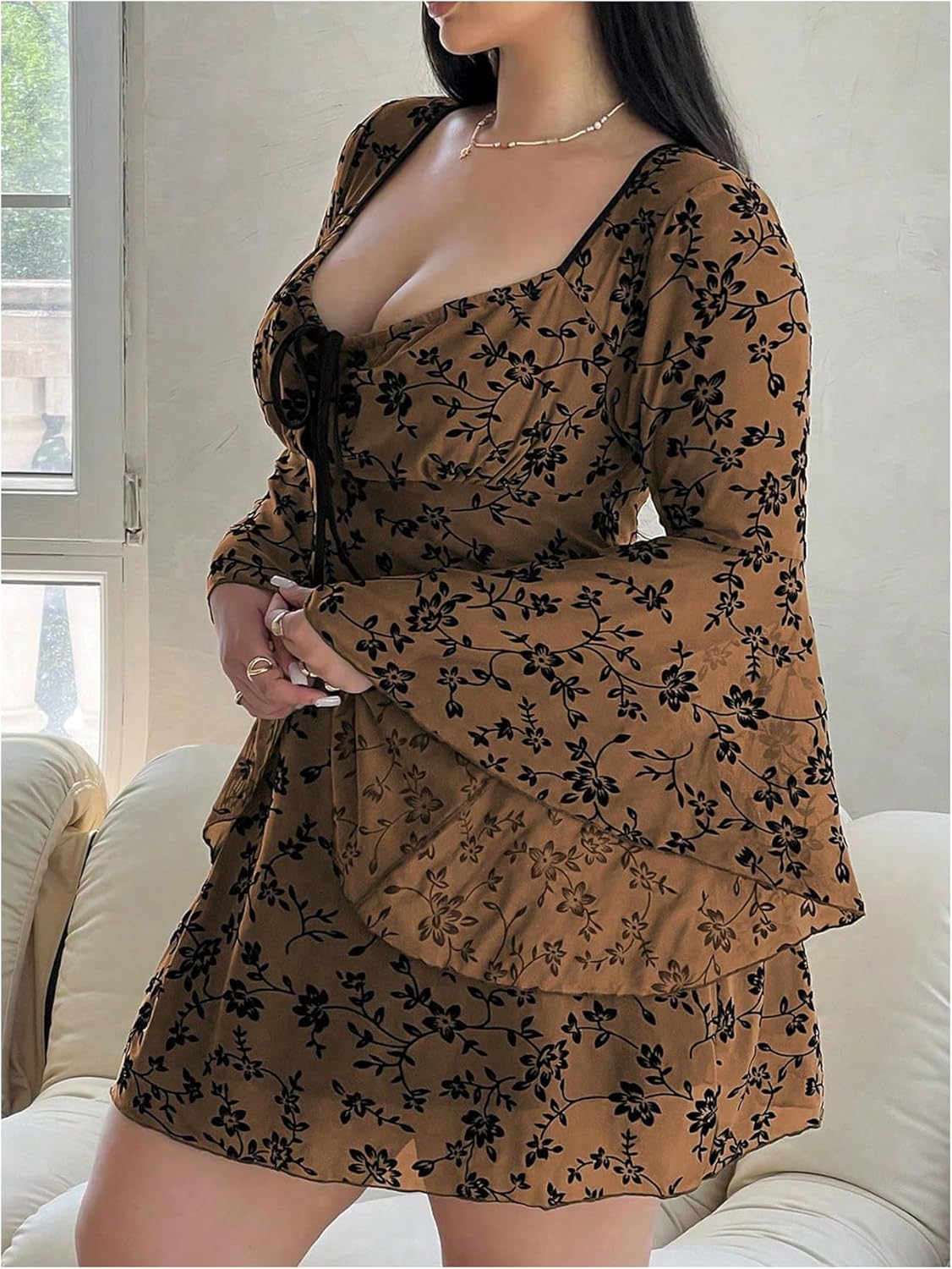 Floerns Women's Plus Size Floral Gothic Dress Flare Long Sleeve Mesh Grunge A Line Dress - Image 2