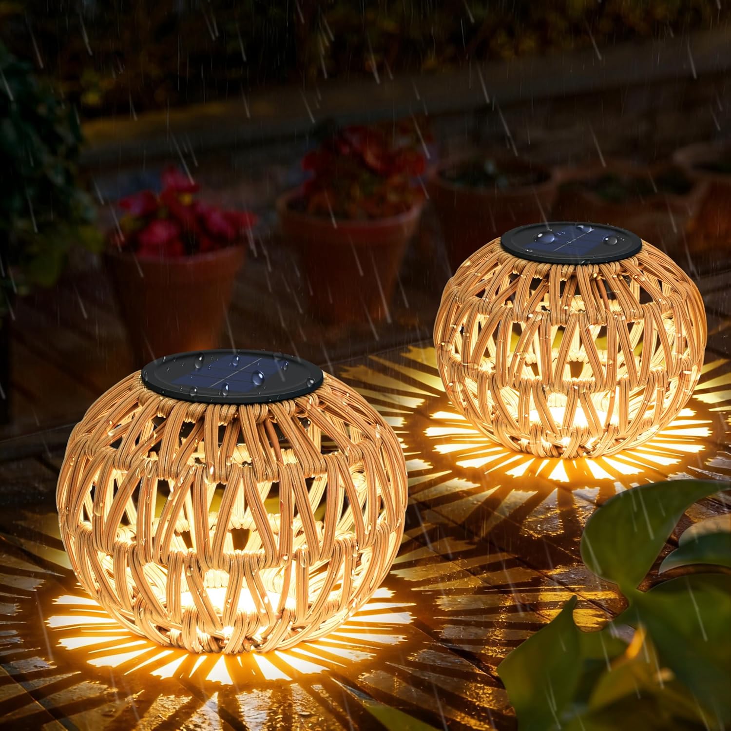 2 Pack Outdoor Solar Lanterns, Waterproof Rattan Solar Powered Lamp Decorative, Solar Garden Lights Birthday Gifts for Women, Outside Solar Lights for Yard, Pathway, Patio,Porch, Lawn Decor