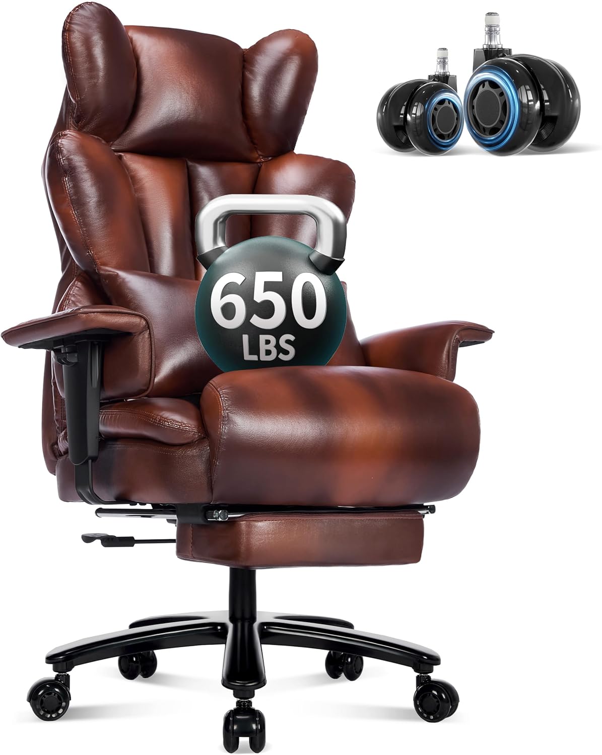 Big and Tall Office Chair with Footrest 650LBS,Large Heavy Duty Executive Office Chair-Wide Seat,Ergonomic High Back Computer Chairs for Heavy People,Adjustable Lumbar Support,Dual Rubber Wheels,Brown