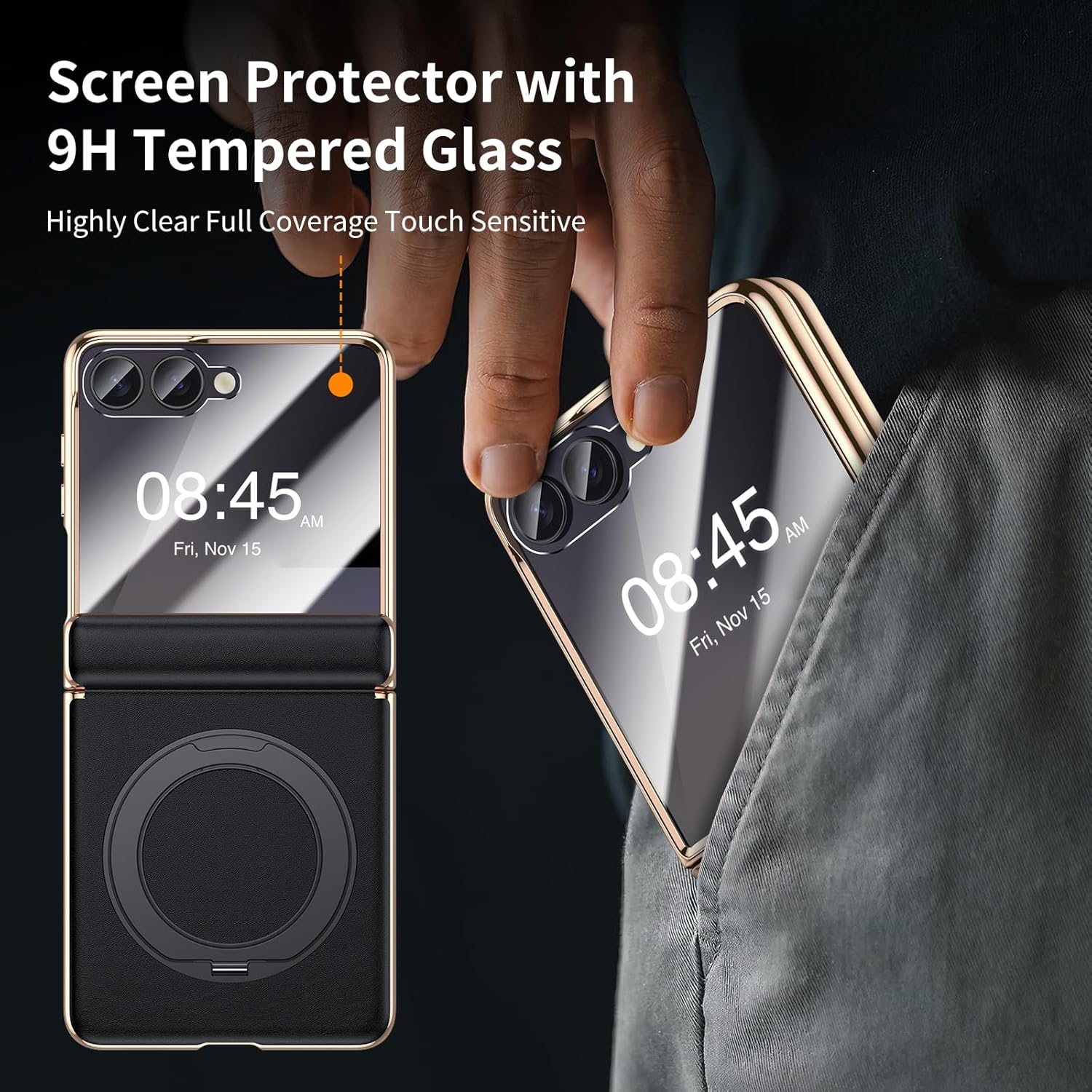 for Galaxy Z Flip 7 Case Luxury Leather with Screen Protector [Hinge Protection],Fit for Magsafe,Magnetic Kickstand & Ring Holder for Samsung Z Flip 7 Case Black