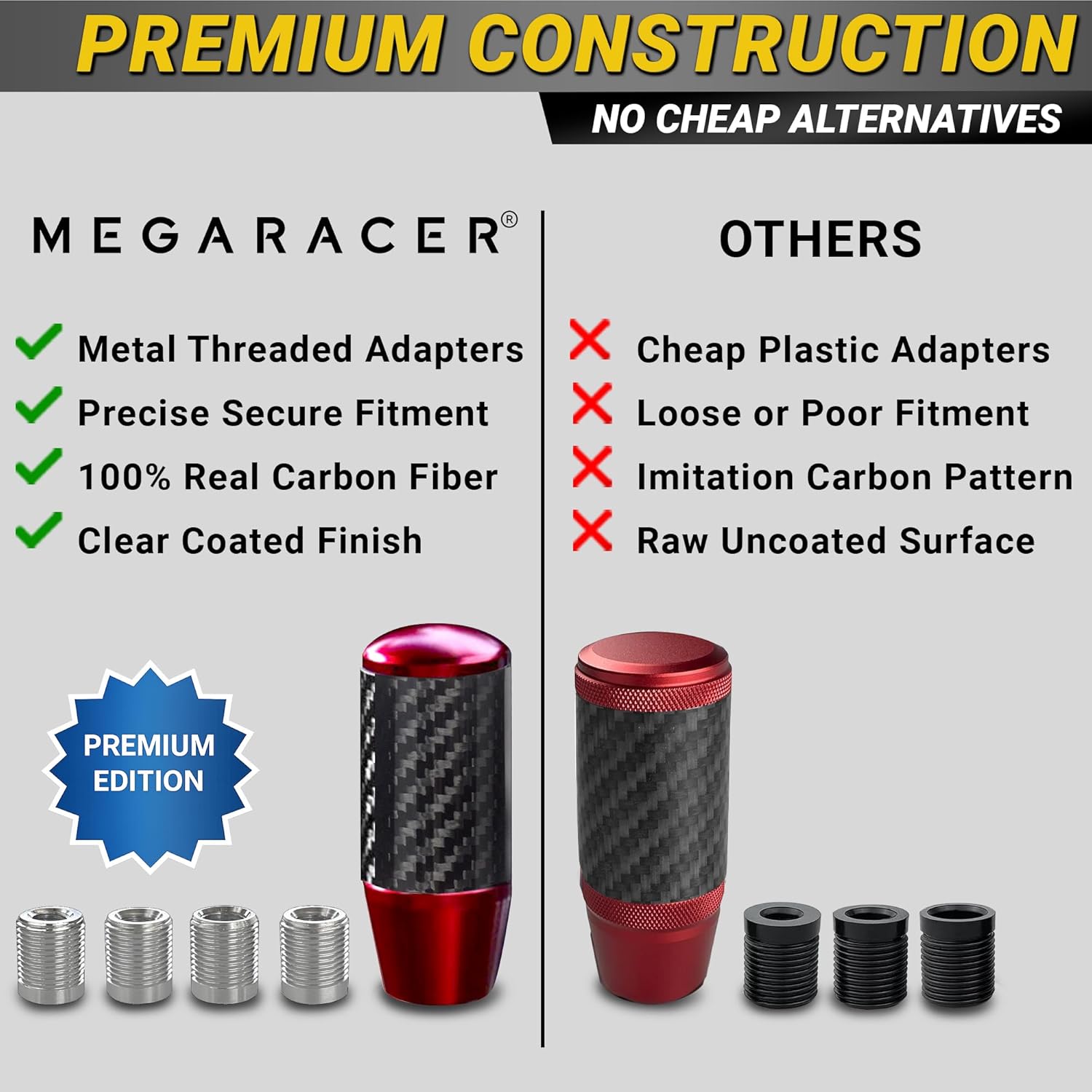 Premium Red Carbon Fiber Shift Knob - 4 Metal Threaded Adapters, 4 5 6 Speed Manual & Buttonless Automatic Transmission Cars, Weighted Gear Stick Shifter Knobs, (M8, M10x1.25/1.5, M12x1.25), JDM Style