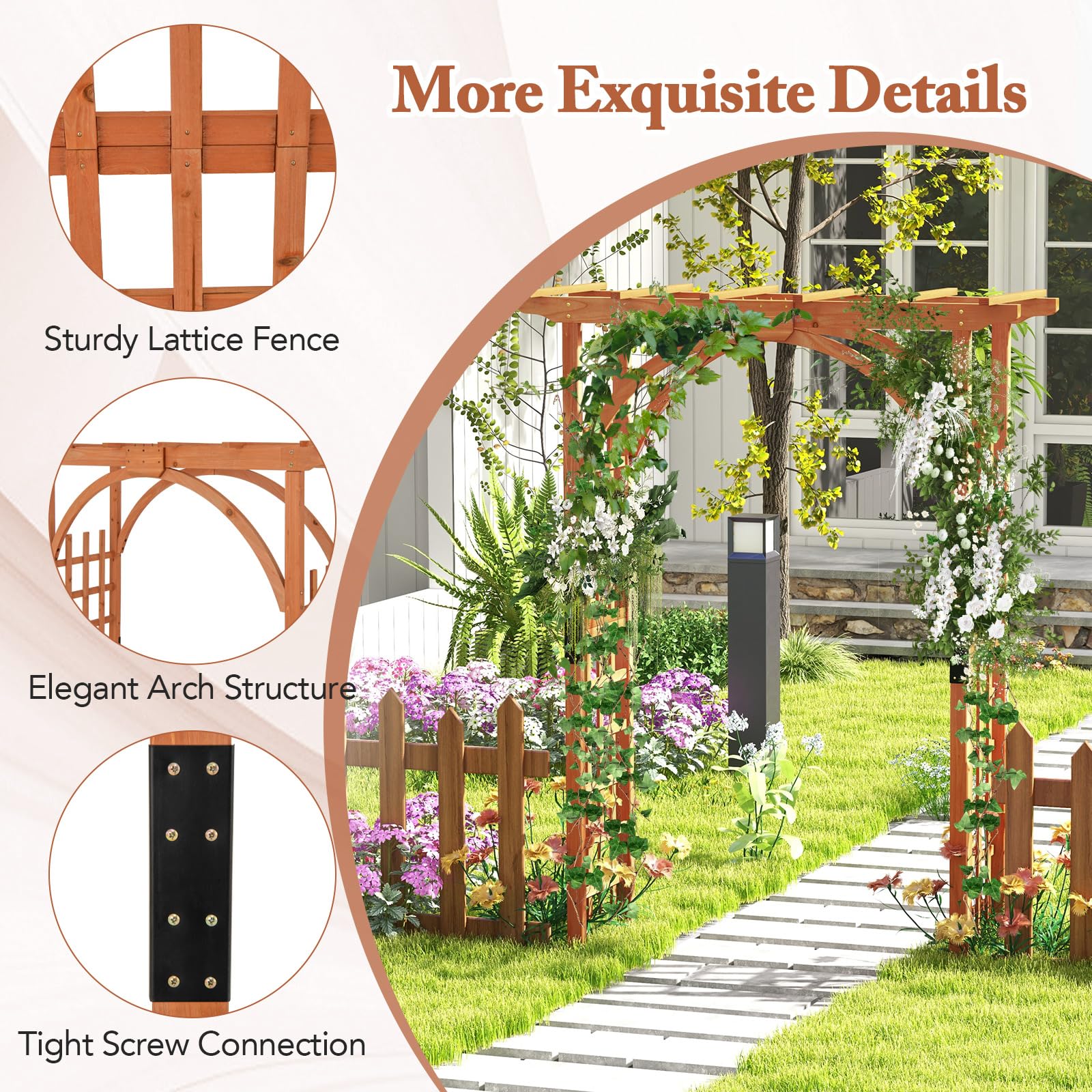 HOMASIS Arche de Jardin en Bois pour Plantes Grimpantes Exterieur, 160 X 60 X 213 cm, Arche à Rosiers Treillis, Support Pergola de Jardin Décoration Entrée Allée Patio Arrière-Cour (Orange)