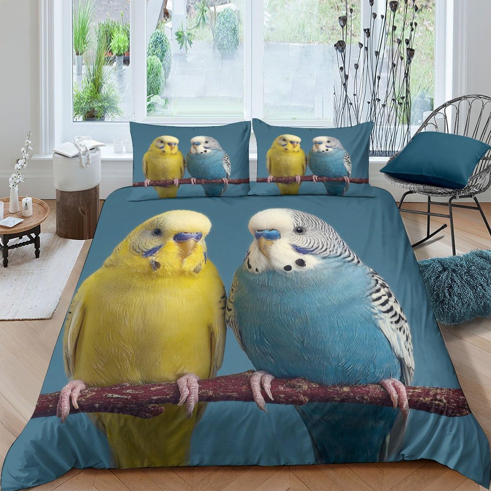 Ctjqhvkz Style-7 3D Printed Yellow Parrot Fitted Sheet Microfiber Soft Blue Budgie Bed Cover For Bedroom Guest Room Easy Care Single（135X200cm）
