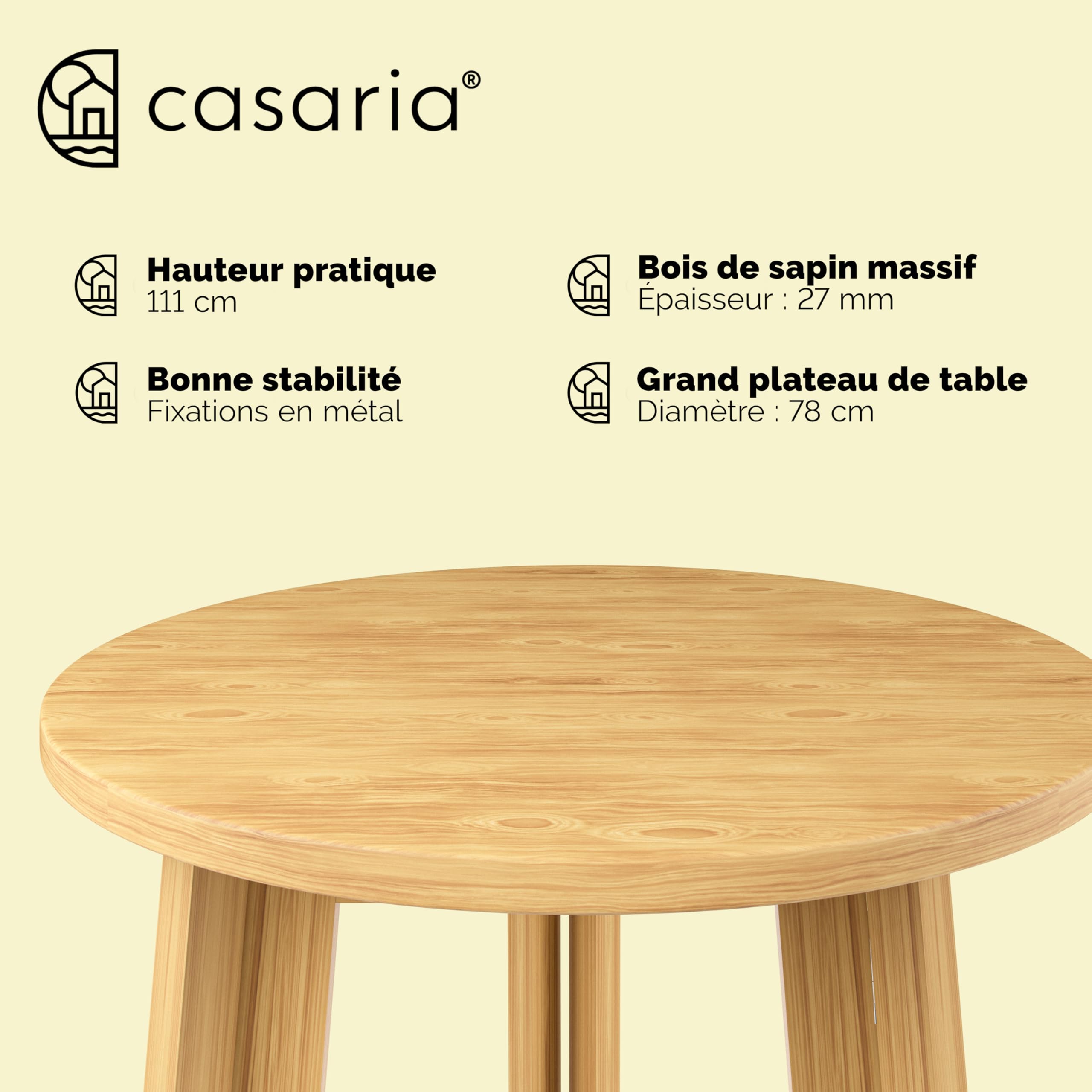 Casaria® Mange Debout Table Haute - Table Cuisine Ronde Pliable en Bois Massif Sapin, 3 Pieds, Plateau Ø78cm x H111cm, Intérieur/Extérieur, Design Moderne, Robuste et Élégante, Charge Max 80kg