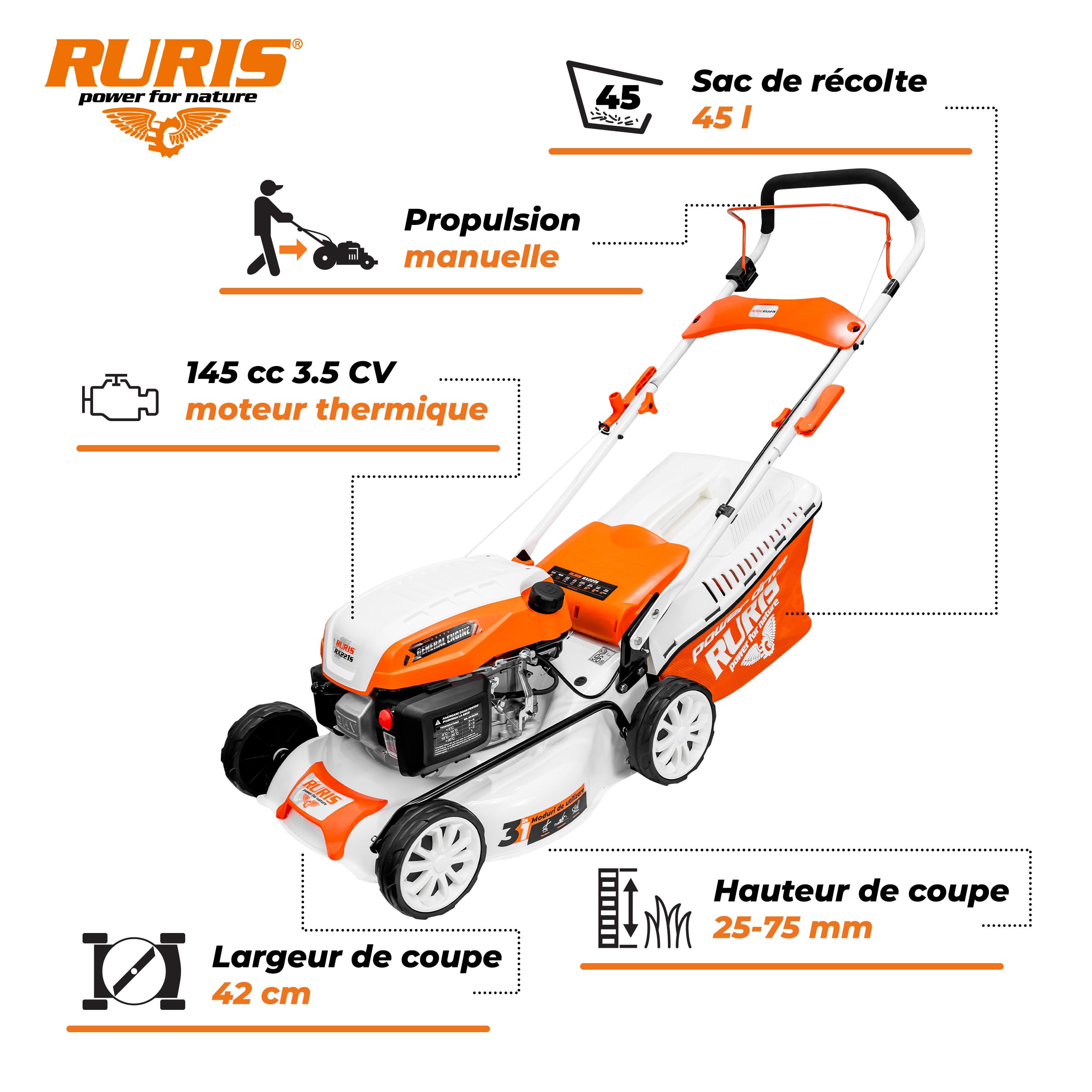 RURIS - Cortacésped térmico RX221S, 3,5 CV, 42 cm, Bolsa 45L, 3 en 1: Recogida, eyección Trasera, Mulching, chasis de Acero, Altura de Corte 25-75 mm, Naranja