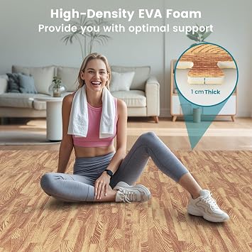 Happygrill 100 Sq. Ft. Interlocking Foam Floor Tiles, 25 PCS 2/5 Thick Wood Grain EVA Foam Mat w/50 Borders, 24 x 24 Puzzle Exercise Mat Gym Flooring for Home Gym Apartment Basement Play Room Yoga