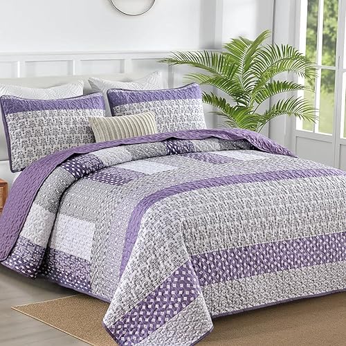 WONGS BEDDING Juego de edredón morado tamaño Queen, juego de edredón bohemio a rayas de 3 piezas, juego de edredón acolchado bohemio de microfibra disponible en Yaxa Colombia