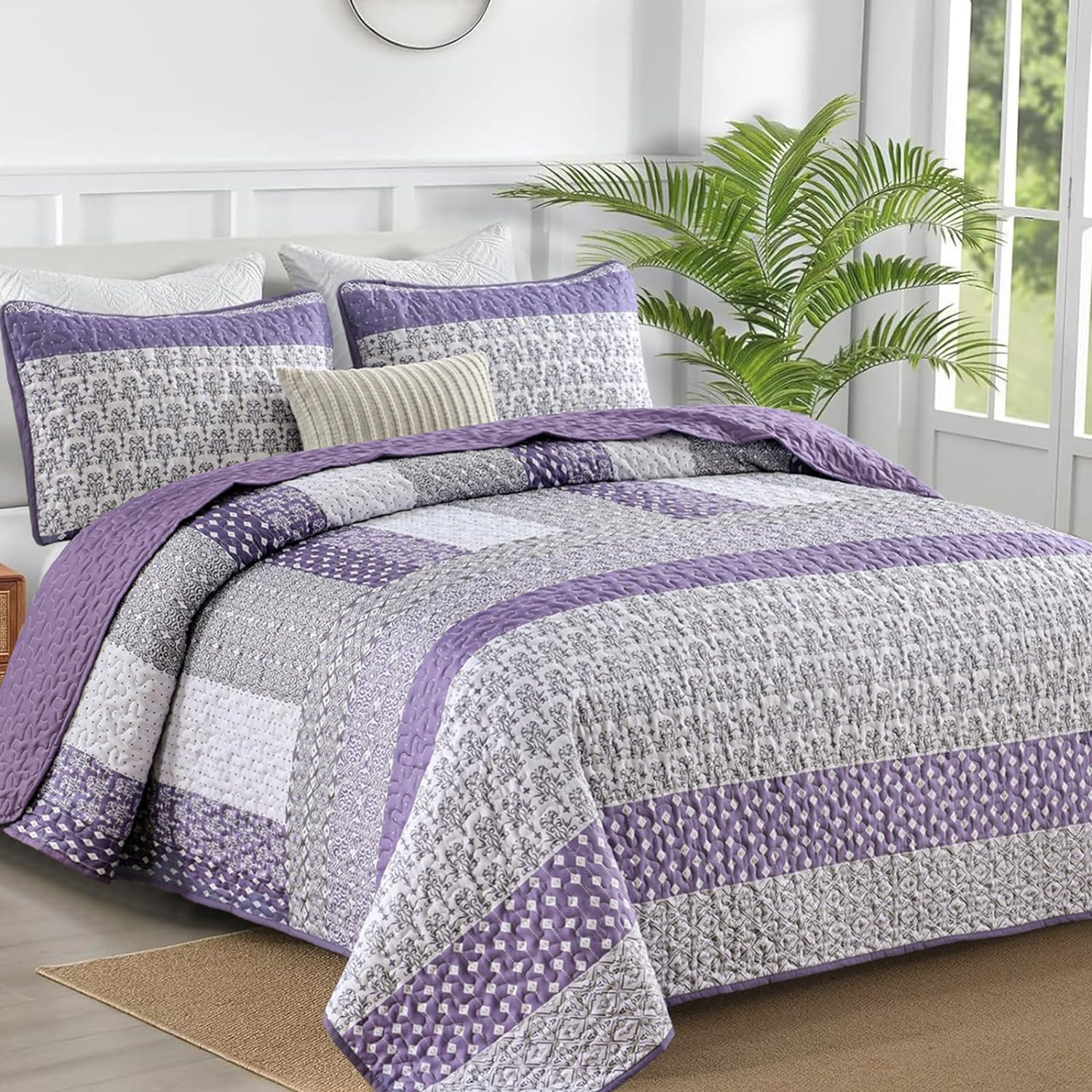 Purple Quilt Queen Size, Bohemian Stripe Quilt Sets 3 Pieces Boho Quilted Bedspread Set Lightweight Microfiber Coverlet Bedding Set All Season (96"x90")