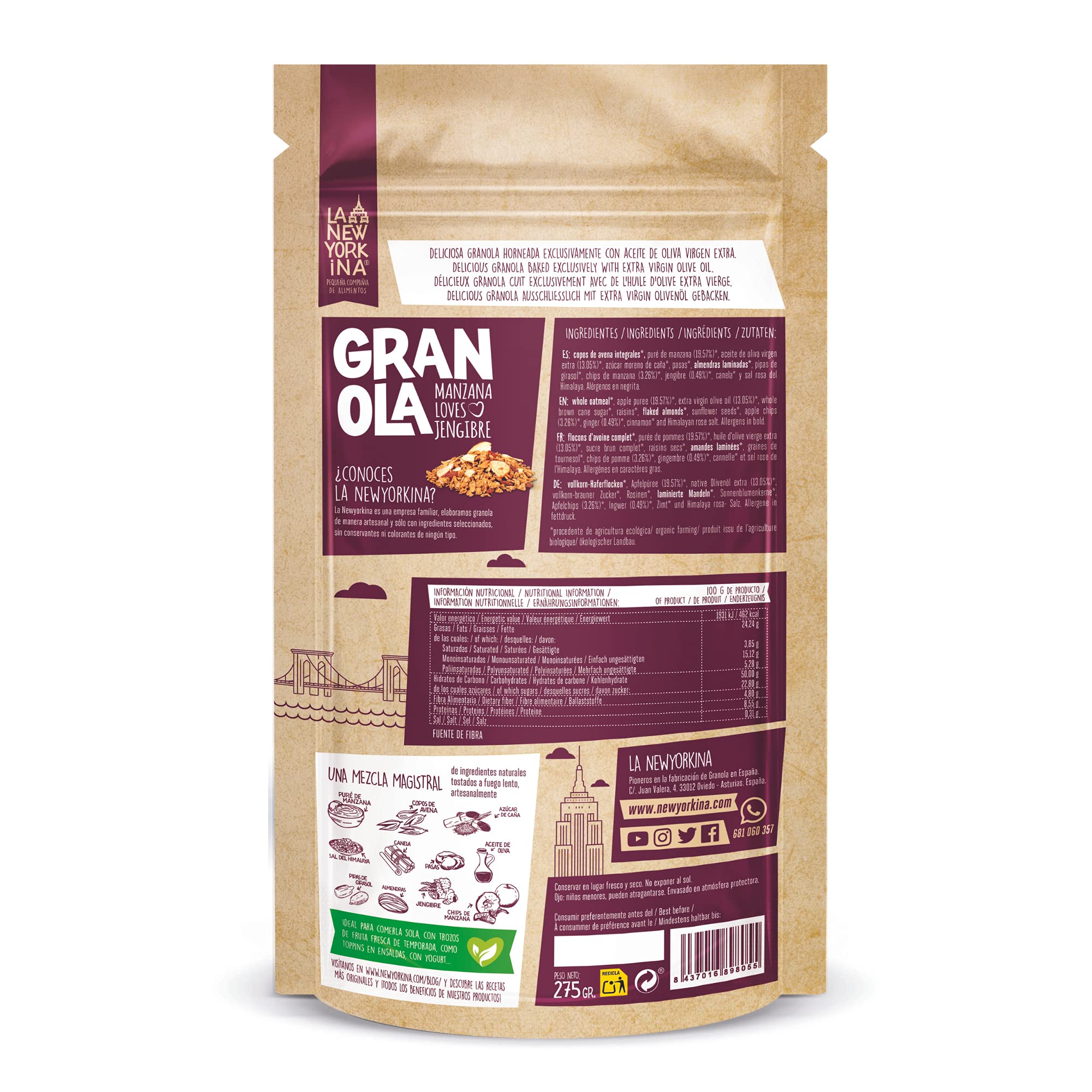 La Newyorkina Granola BIO Manzana Loves Jengibre 275g Con Chips Crujientes de Manzana y Aceite de Oliva Virgen Extra