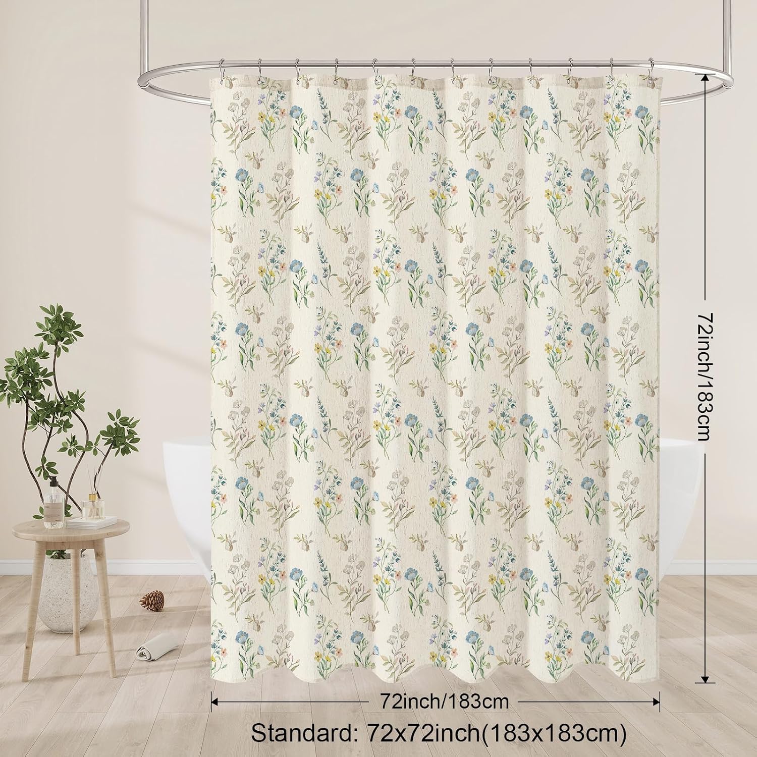 Linen Floral Shower Curtain, Blue Boho Shower Curtain for Bathroom, 72x72
