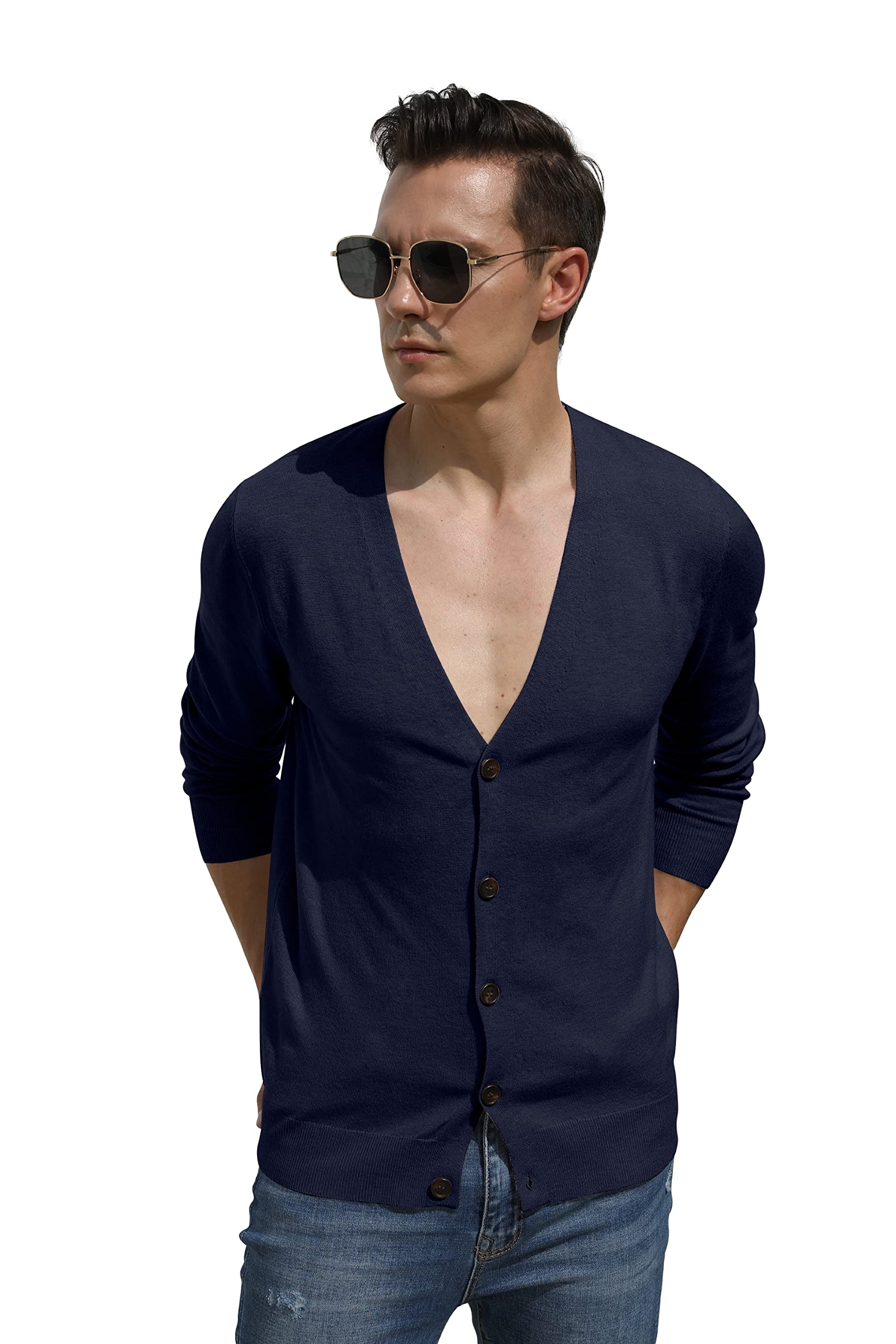 Hisir Men's Knit Cardigans Jumpers Lightweight Classic Soft Wool V Neck Cardigan with Buttons, Long Sleeve Knitwear Pullover Sweaters for Men, Mens Gift