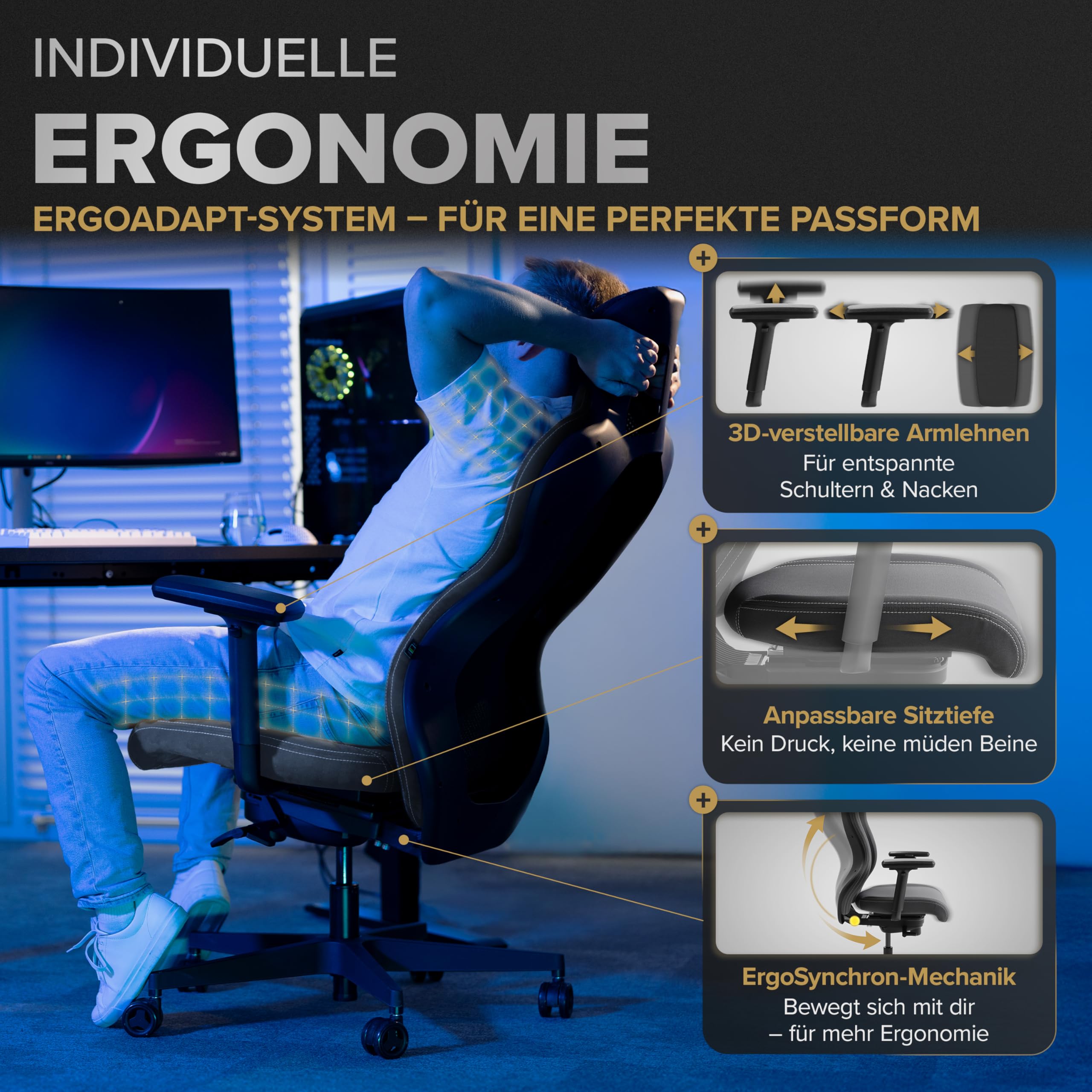 Gamingstuhl ergonomisch [patentiertes 3D-Sitzgelenk] Gaming Stuhl 100% individuell einstellbar | Gaming Sessel | Gamer Stuhl Computerstuhl Gaming Chair | PC Stuhl Drehstuhl 150kg Desk Chair