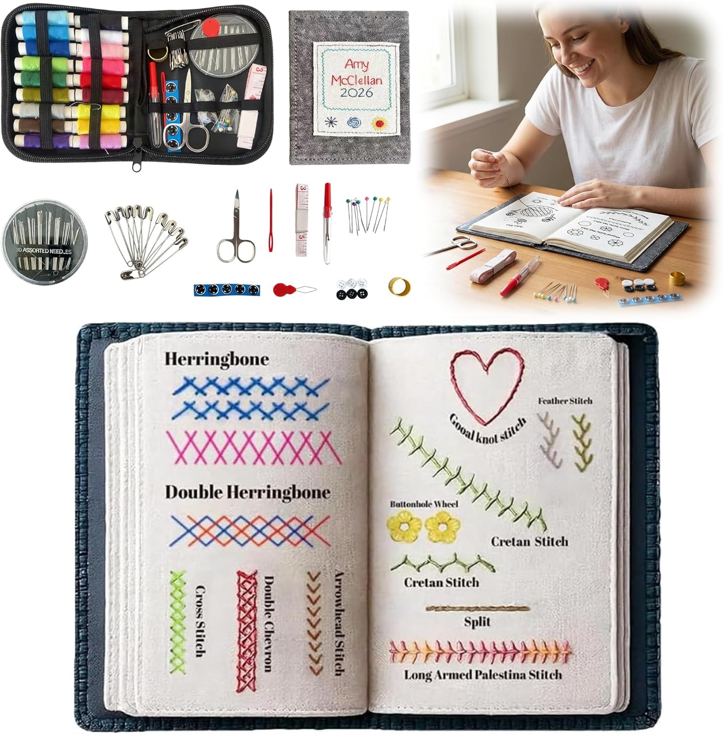 Kirosy 2026 NewEmbroidery Stitch Book Kit for Beginners, Complete Portable Embroidery Kit with Hoop, Thread, Needles & Step-by-Step Tutorial, DIY Embroidery Starter Kit for Adults & Craft Lovers