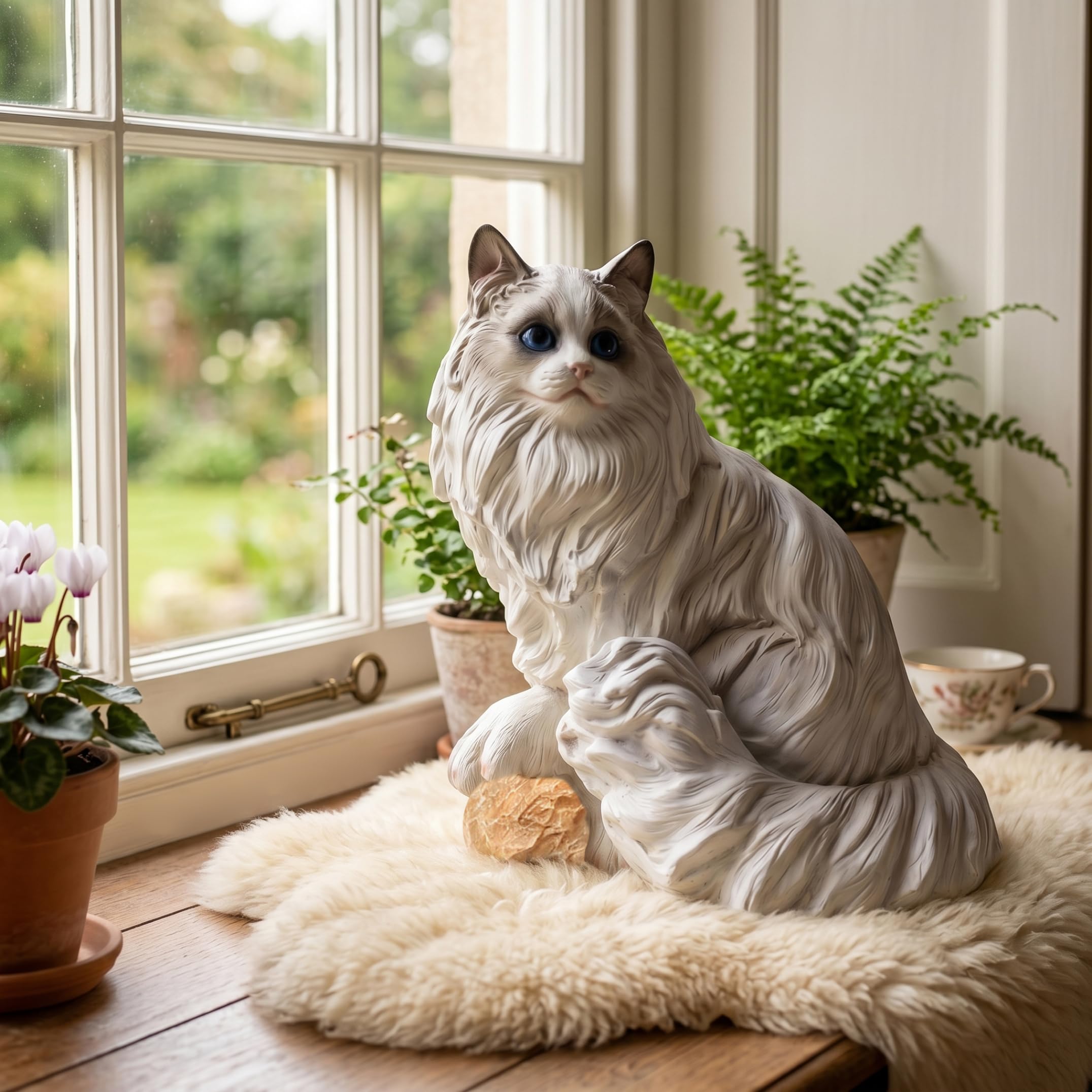 Statua da Giardino per Gatti, Statuetta realistica di Gatto Ragdoll - Statua da Esterno in Resina per Decorazione di Cortile e Balcone, Bianca, Alta 9, 06 Pollici, per Esterno