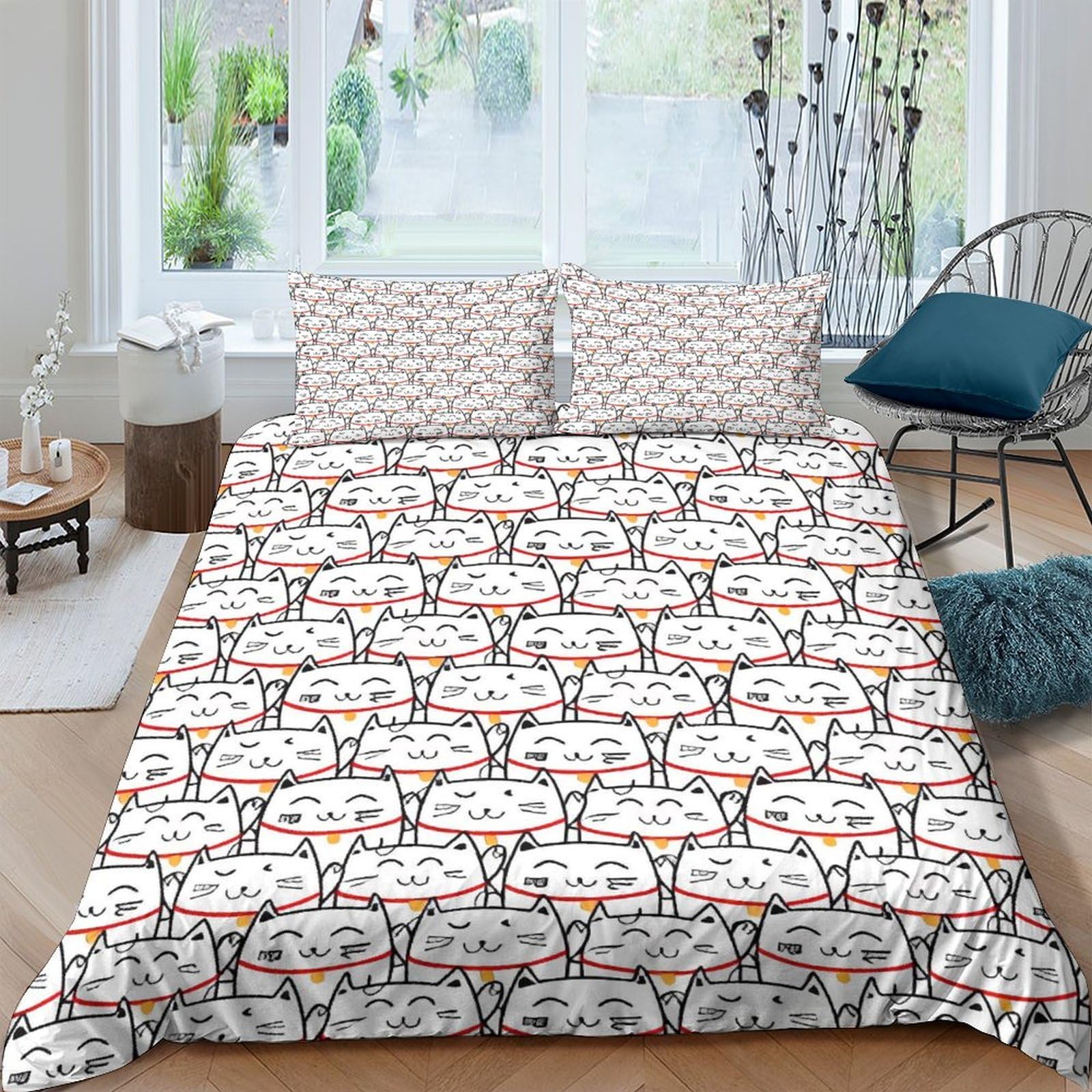 Housse de couette chat blanc 200x200 cm avec 2 taies d'oreiller pour lit double