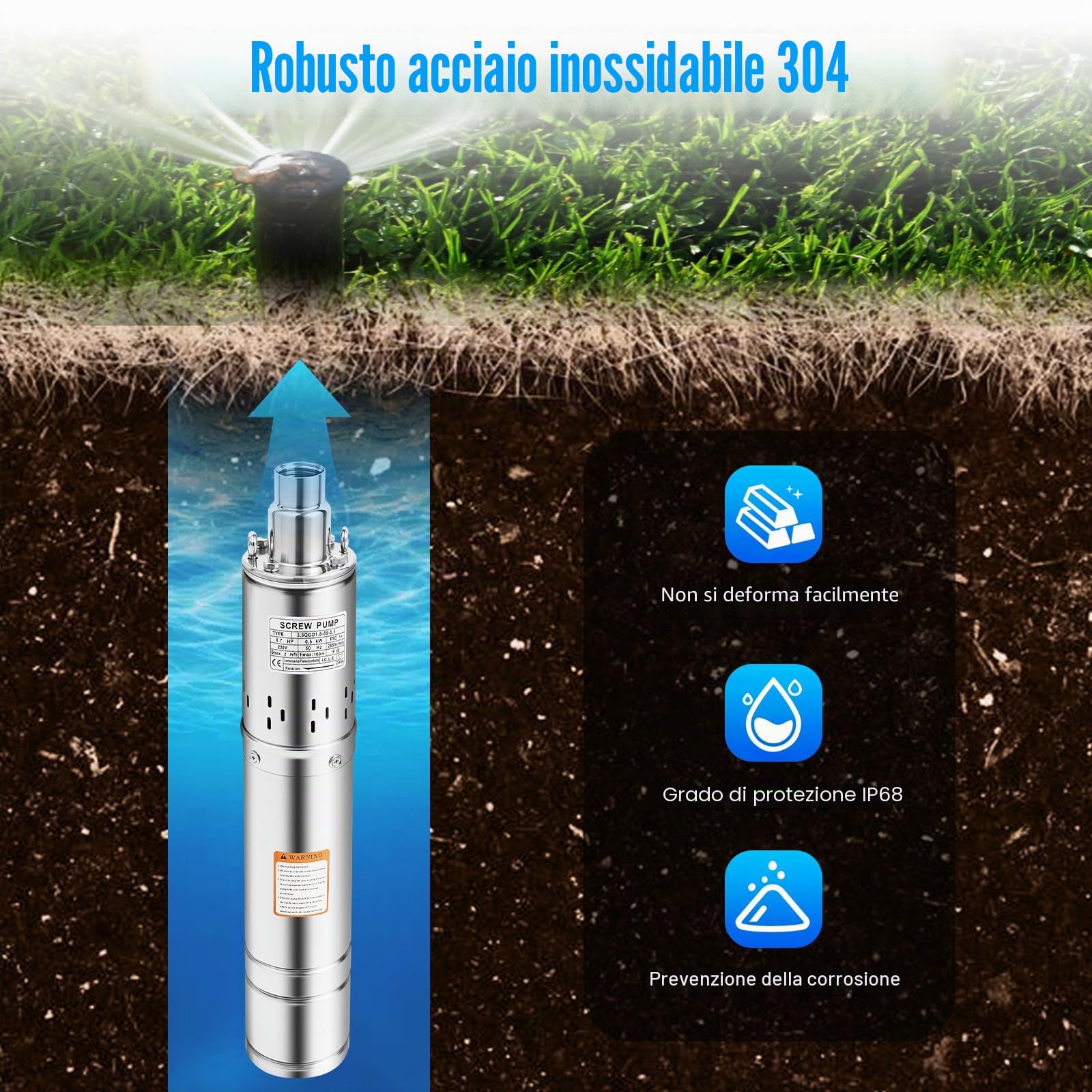 Pompa per acque profonde, 58 cm, in acciaio inox, 0,5 KW, per pozzi profondi, pompa sommergibile, pompa per pozzi profondi, pompa sommergibile